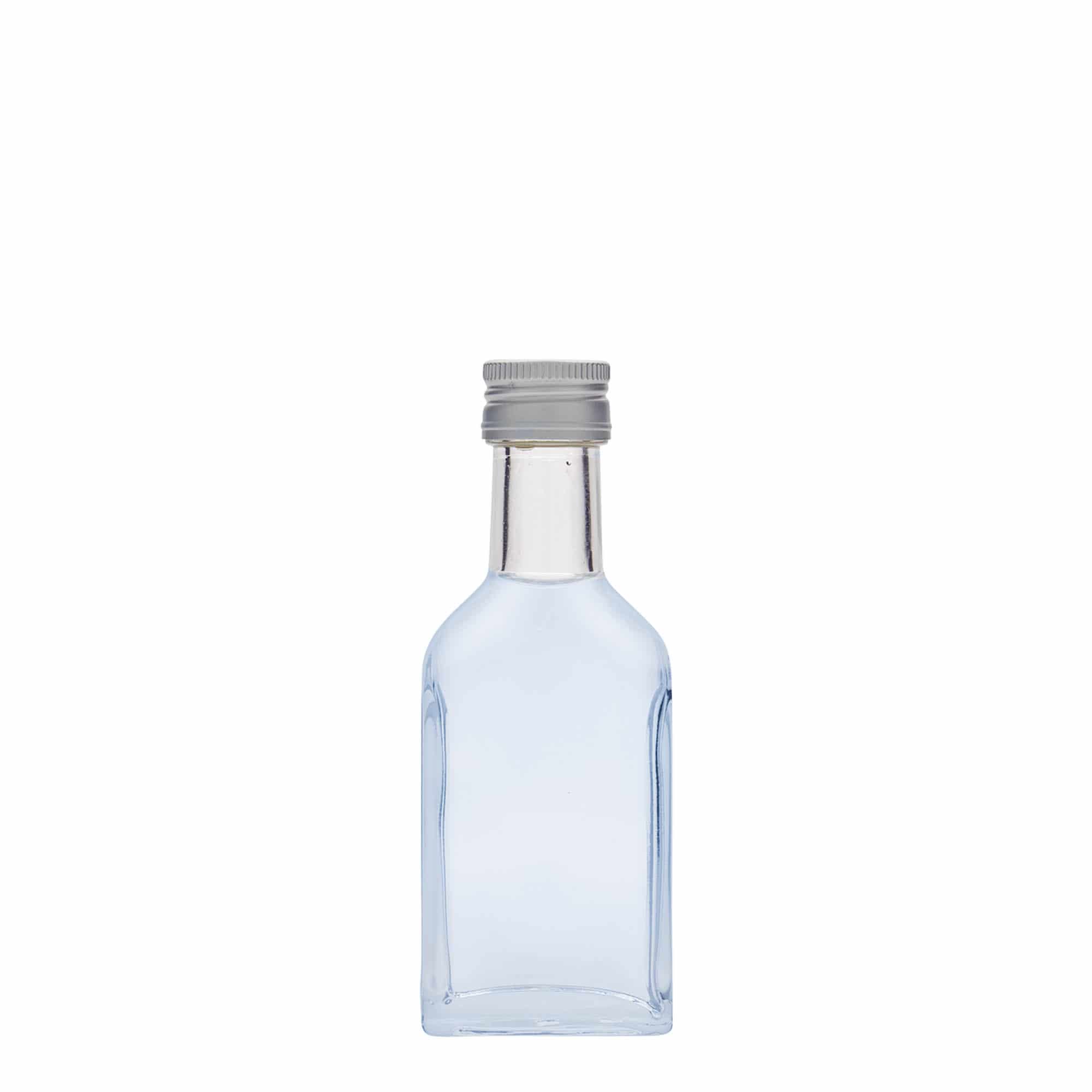 Botella de bolsillo de cuello largo de 40 ml, rectangular, vidrio, boca: PP 22