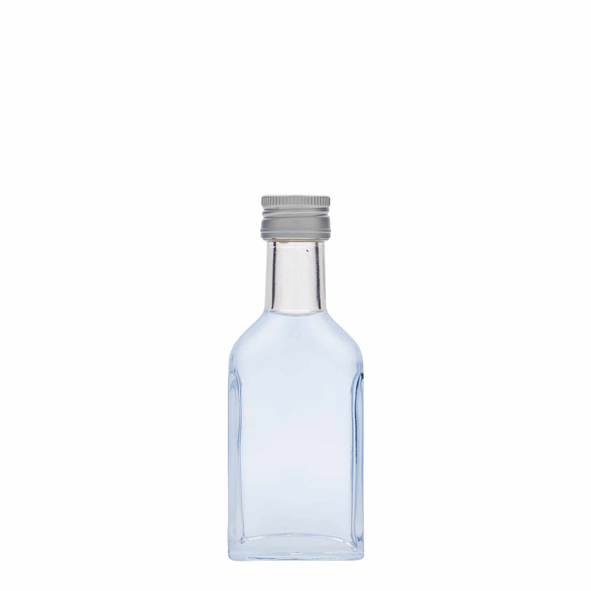Botella de bolsillo de 40 ml, cuello largo, rectangular, vidrio, boca: PP 22