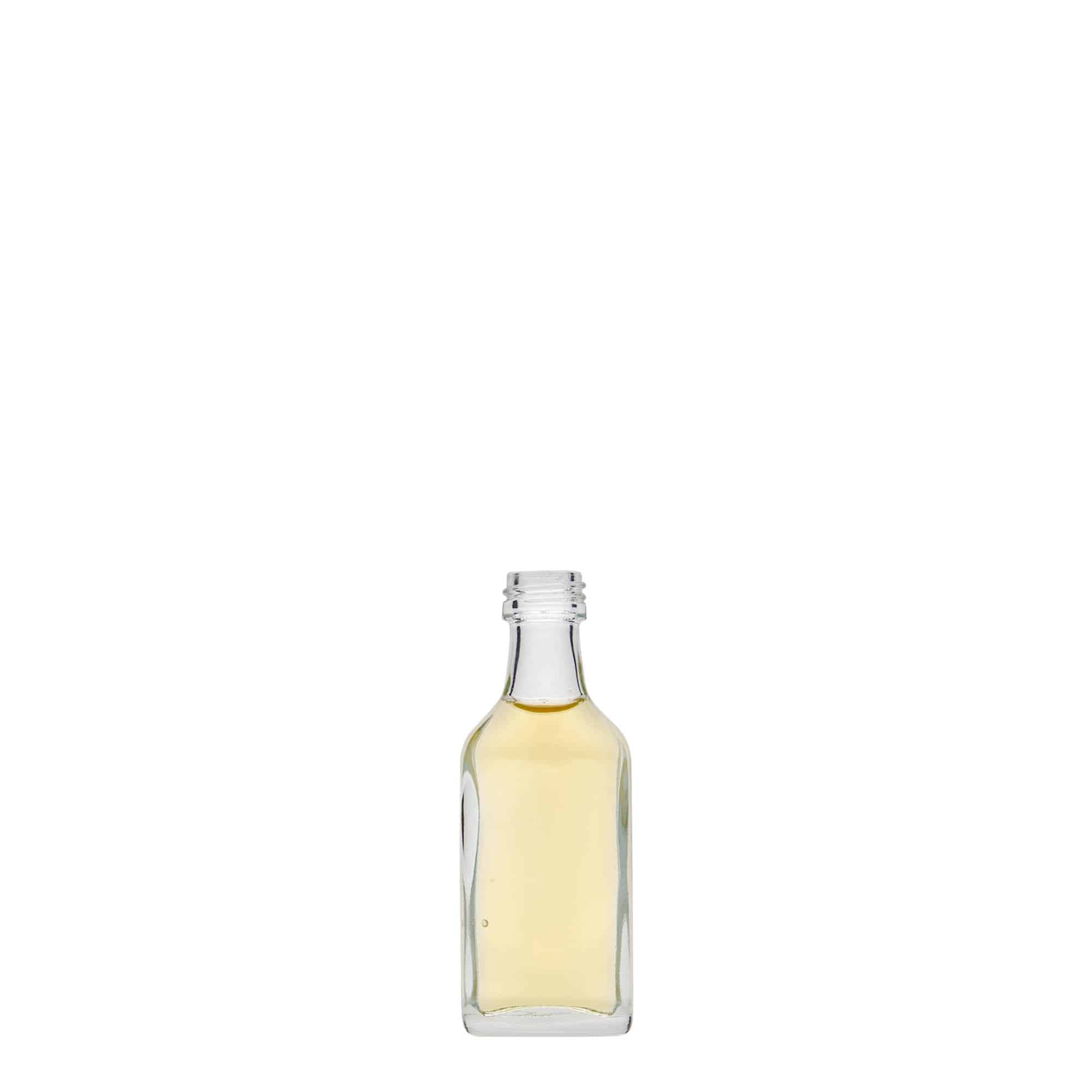 Botella de bolsillo de 20 ml, rectangular, vidrio, boca: PP 18