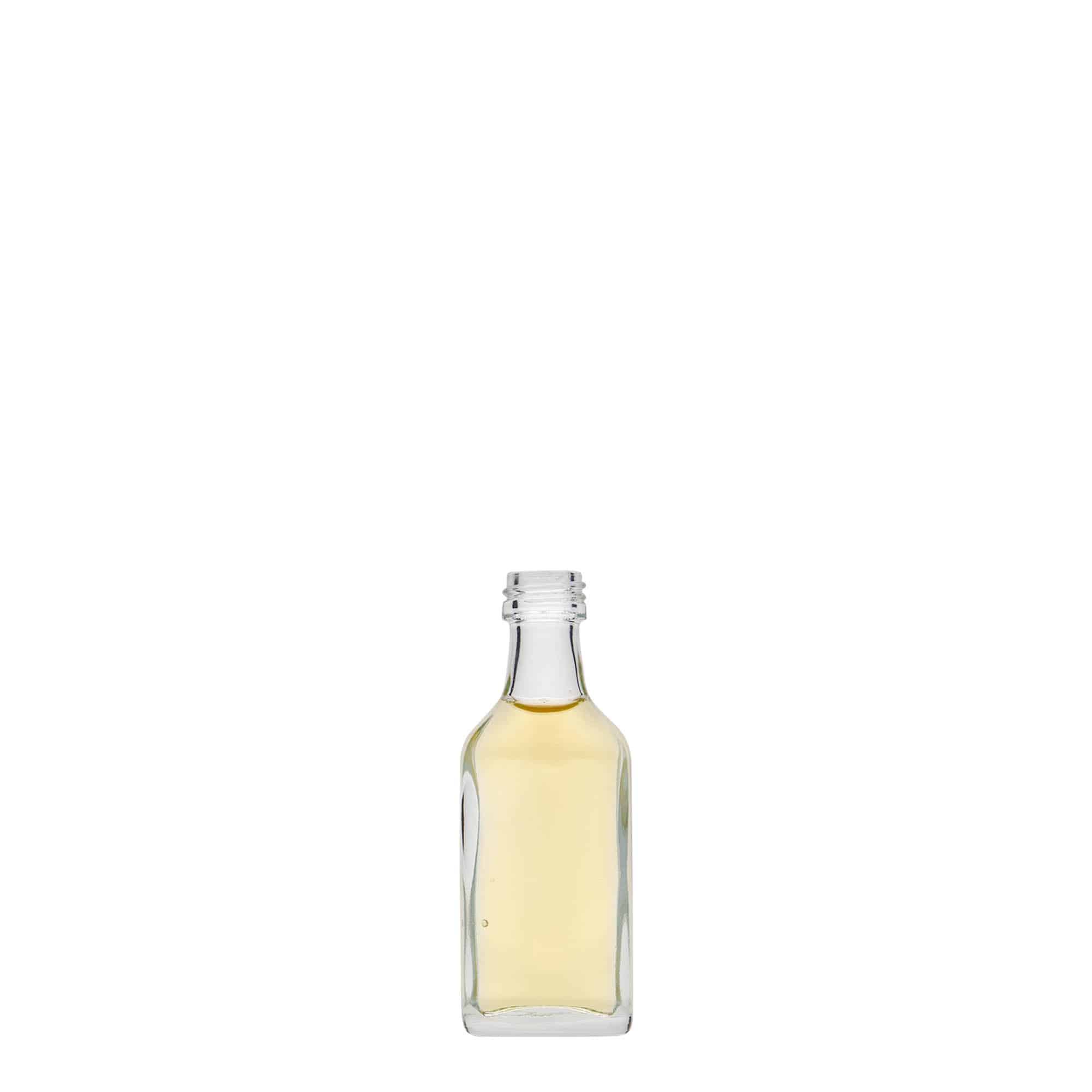 Botella de bolsillo de 20 ml, rectangular, vidrio, boca: PP 18