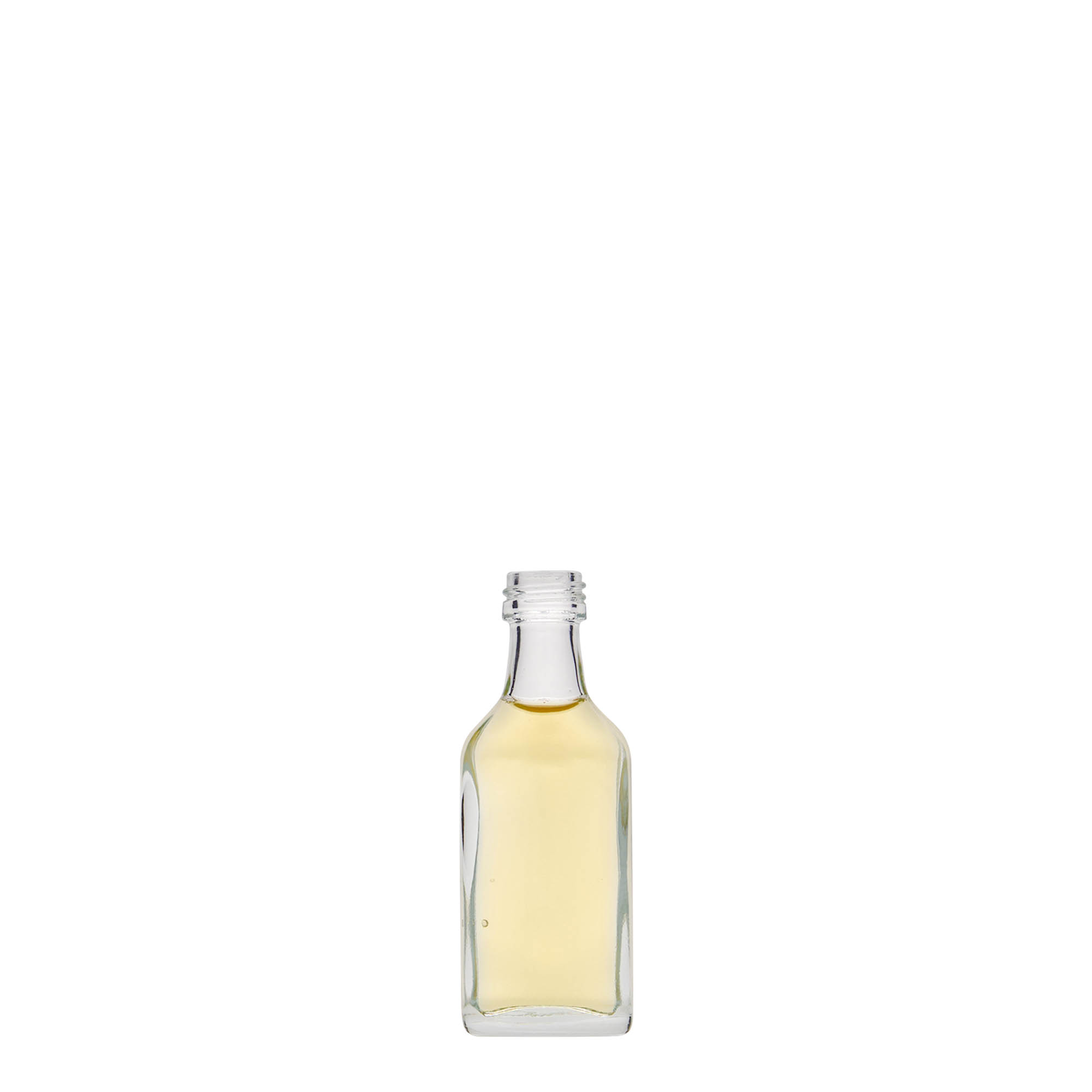 Botella de bolsillo de 20 ml, rectangular, vidrio, boca: PP 18