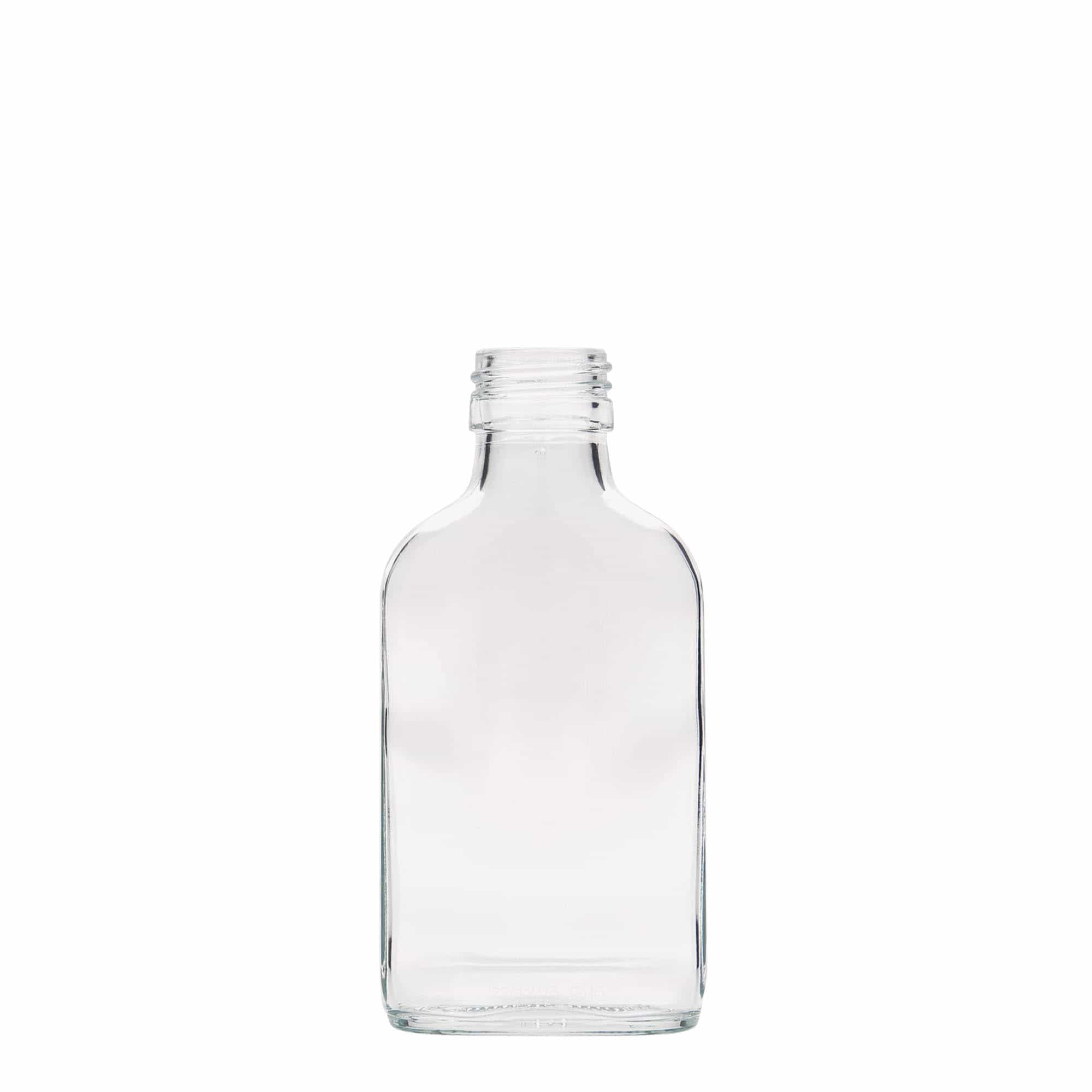 Botella de bolsillo de 100 ml, rectangular, vidrio, boca: PP 28 Botella de bolsillo de 100 ml, rectangular, vidrio, boca: PP 28