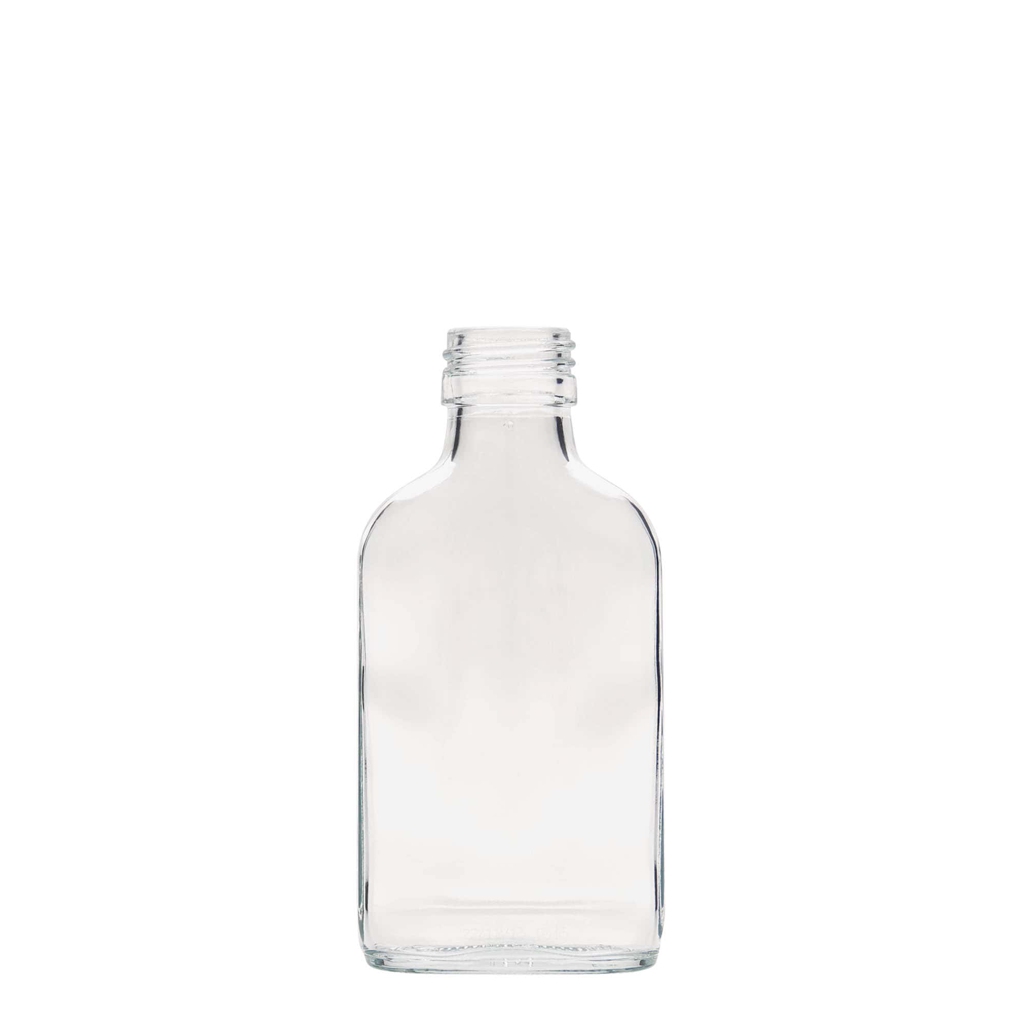Botella de bolsillo de 100 ml, rectangular, vidrio, boca: PP 28