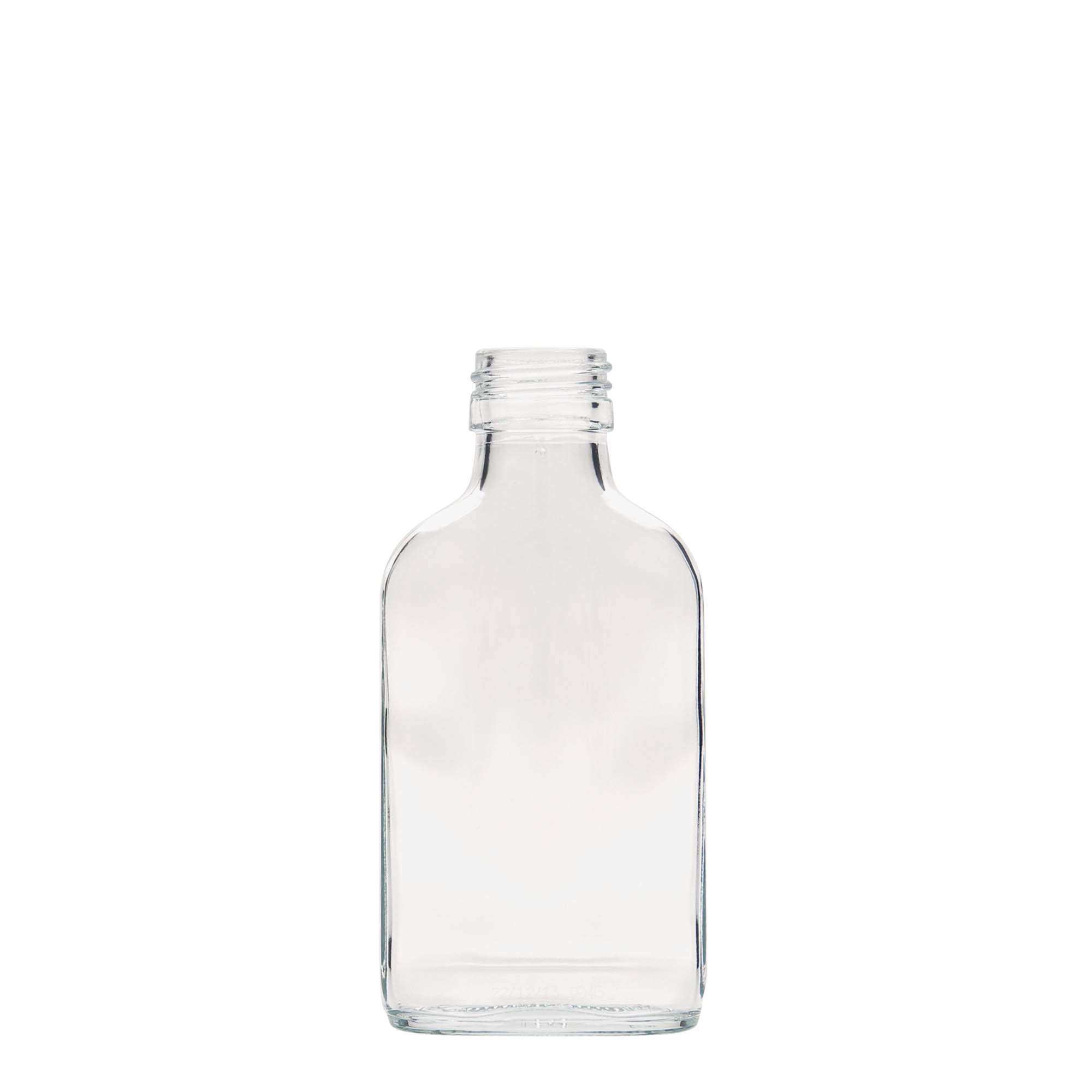 Botella de bolsillo de 100 ml, rectangular, vidrio, boca: PP 28 Botella de bolsillo de 100 ml, rectangular, vidrio, boca: PP 28