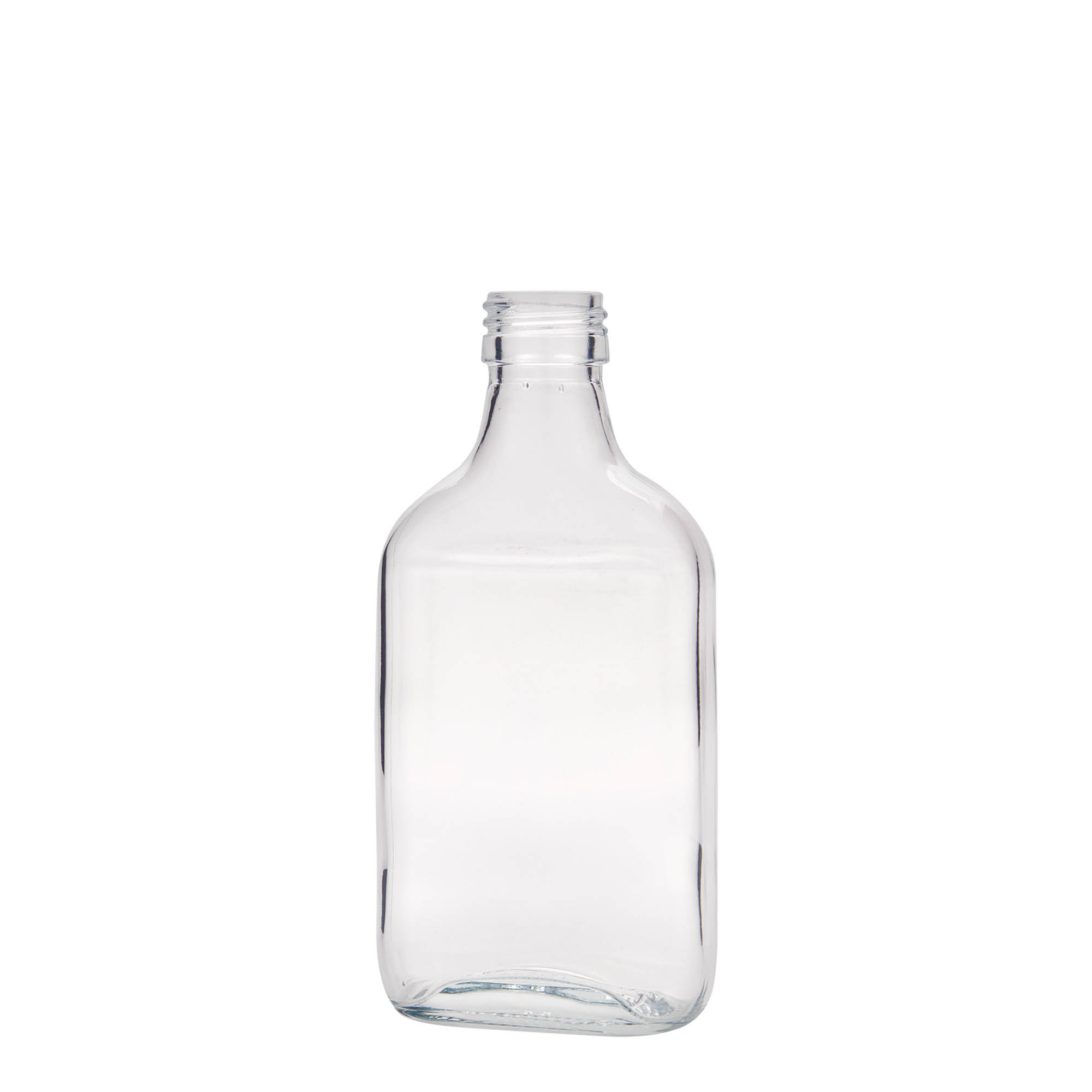 Botella de bolsillo de 200 ml, rectangular, vidrio, boca: PP 28