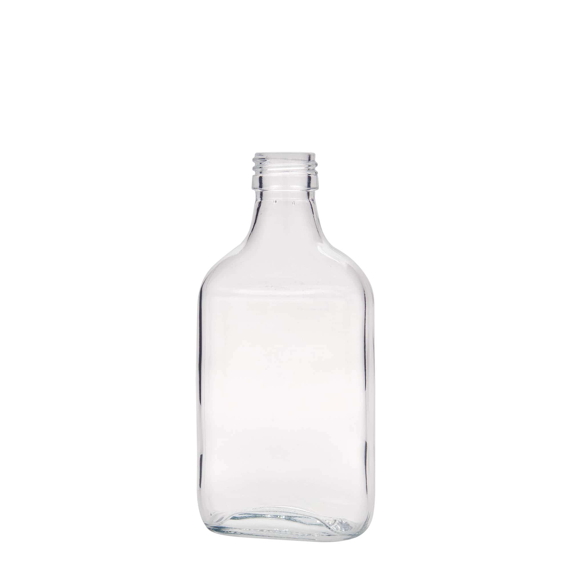 Botella de bolsillo de 200 ml, rectangular, vidrio, boca: PP 28