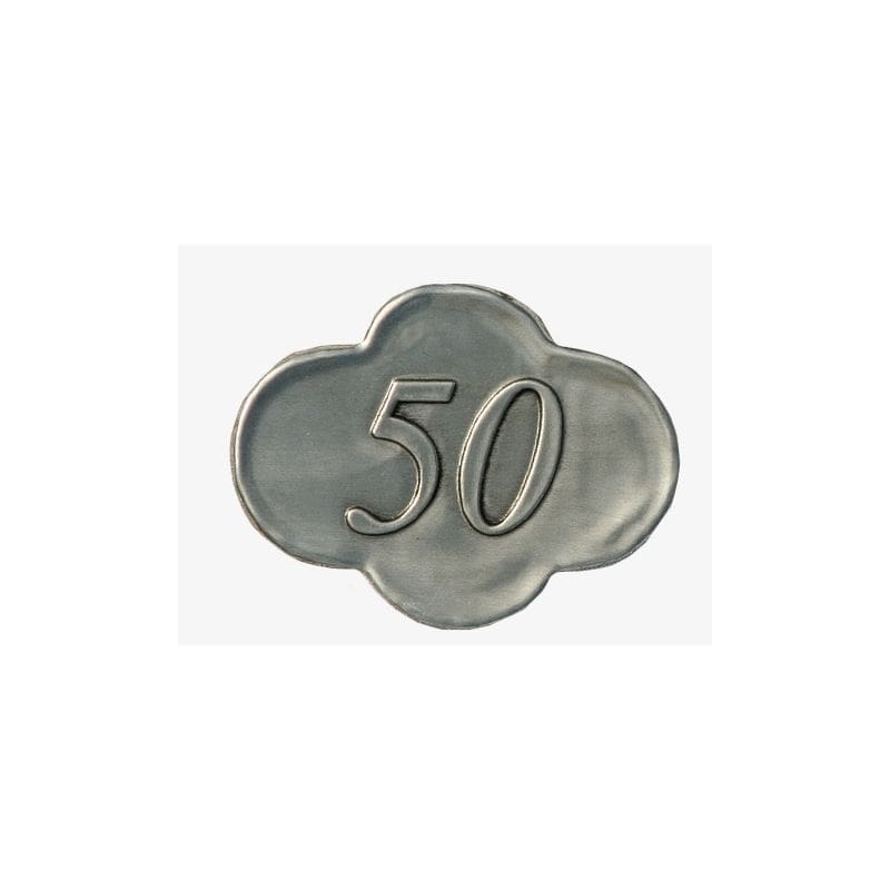 Etiqueta de estaño '50', metal, plateado Etiqueta de estaño '50', metal, plateado