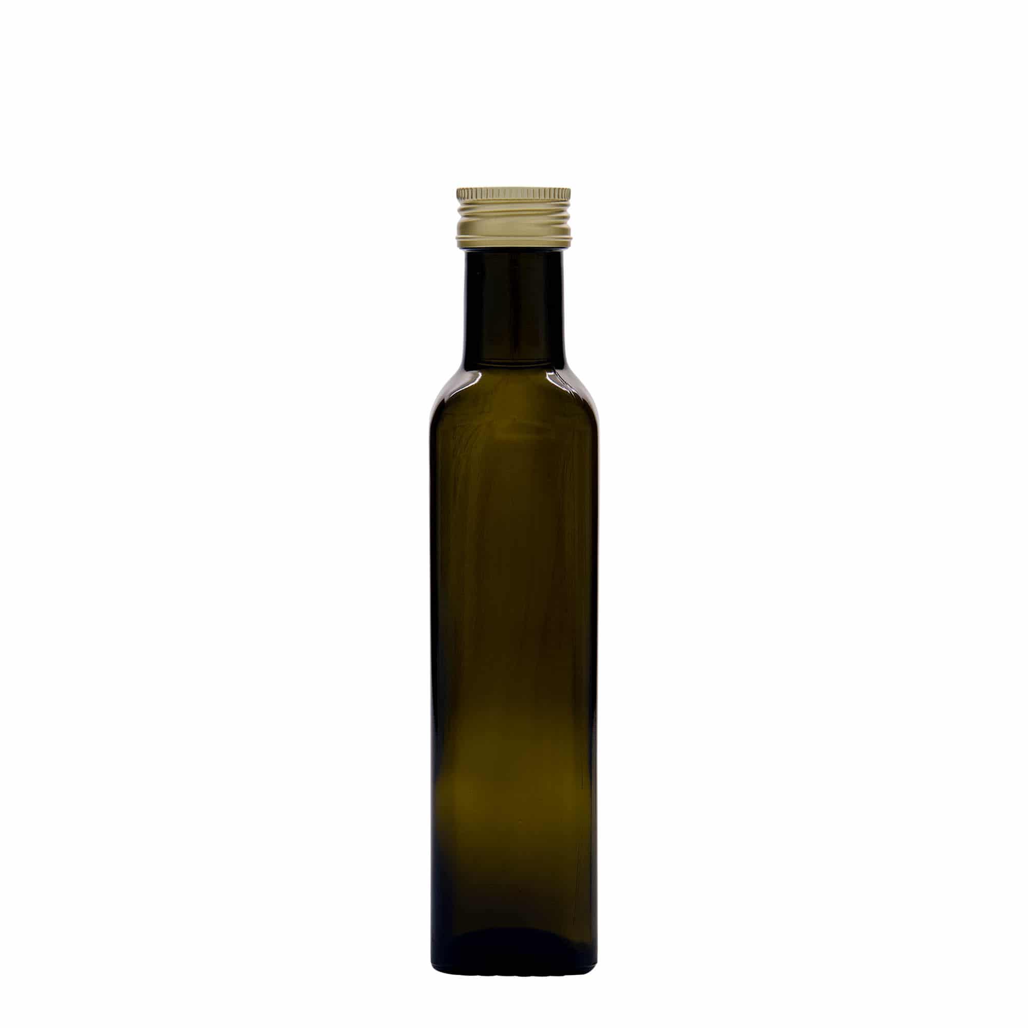 Botella de vidrio de 250 ml 'Marasca', cuadrada, verde antiguo, boca: PP 31,5