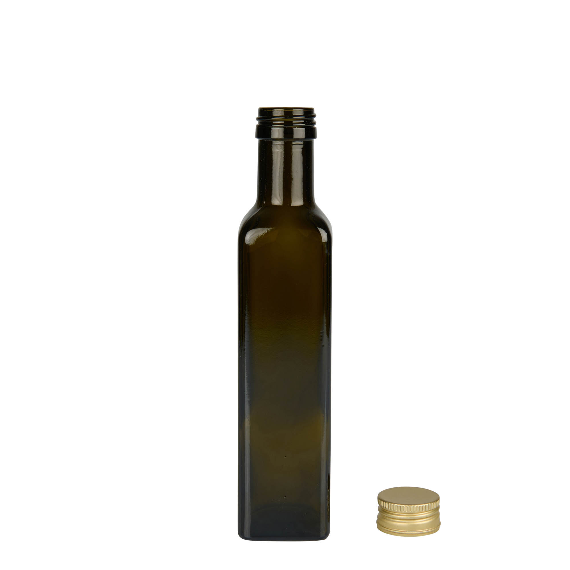 Botella de vidrio de 250 ml 'Marasca', cuadrada, verde antiguo, boca: PP 31,5 Botella de vidrio de 250 ml 'Marasca', cuadrada, verde antiguo, boca: PP 31,5