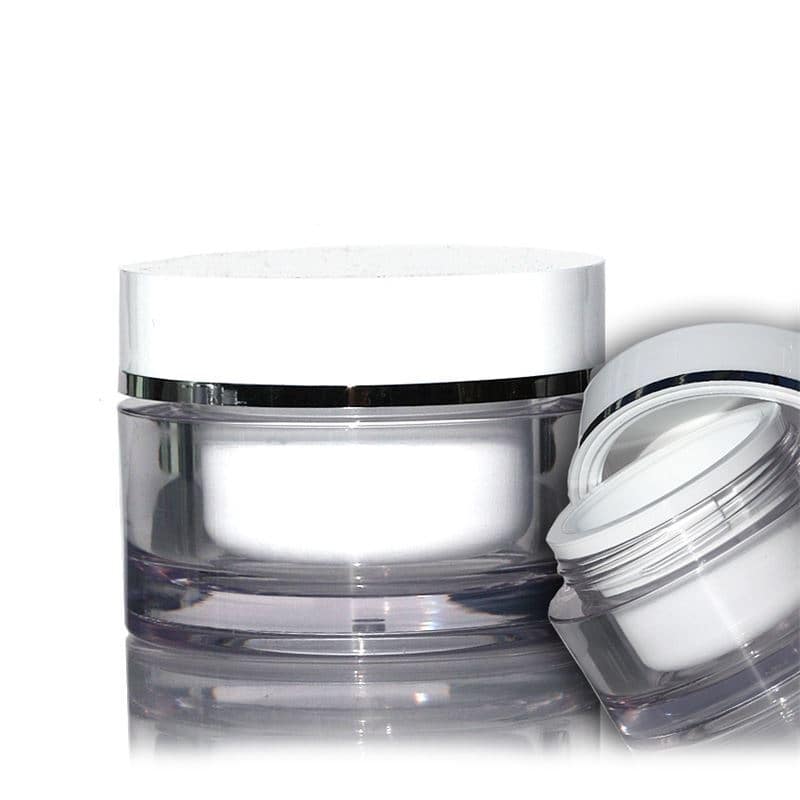 Bote de 30 ml, plástico de SAN, blanco, boca: tapón de rosca Bote de 30 ml, plástico de SAN, blanco, boca: tapón de rosca
