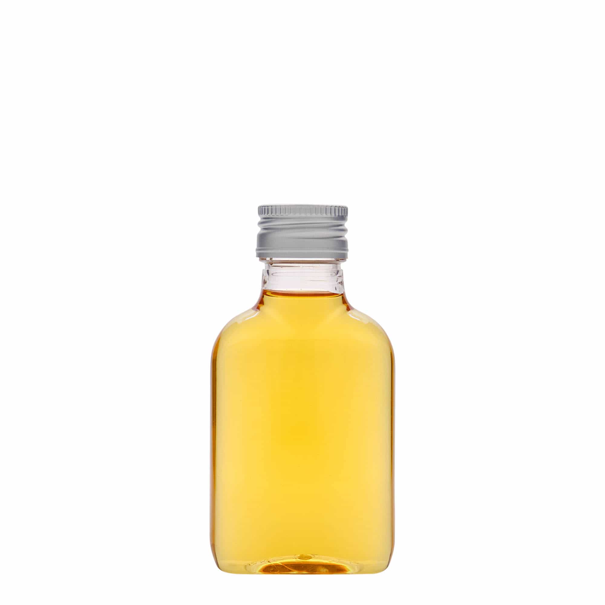 Botella de bolsillo de 100 ml, ovalada, plástico PET, boca: PP 28