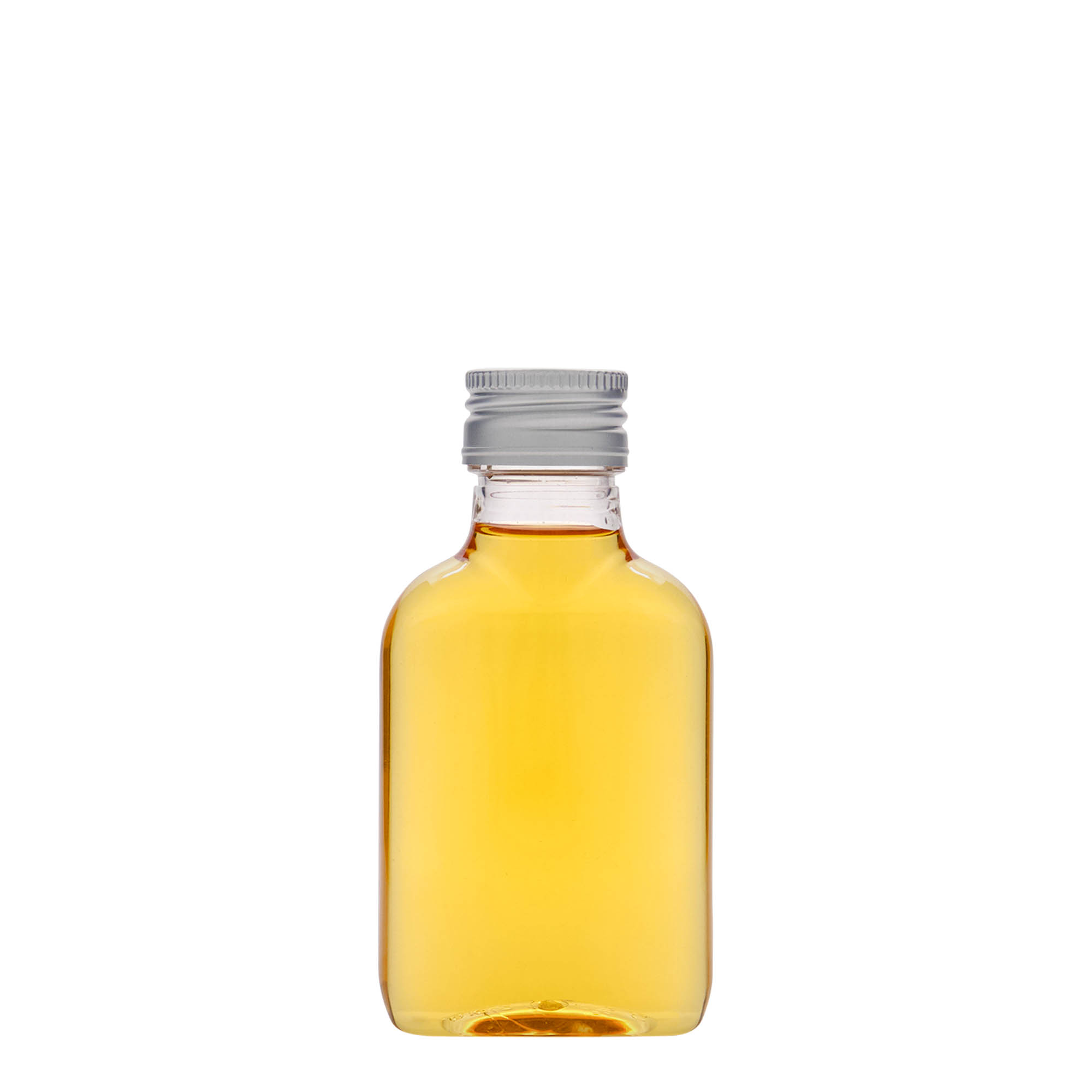 Botella de bolsillo de 100 ml, ovalada, plástico PET, boca: PP 28