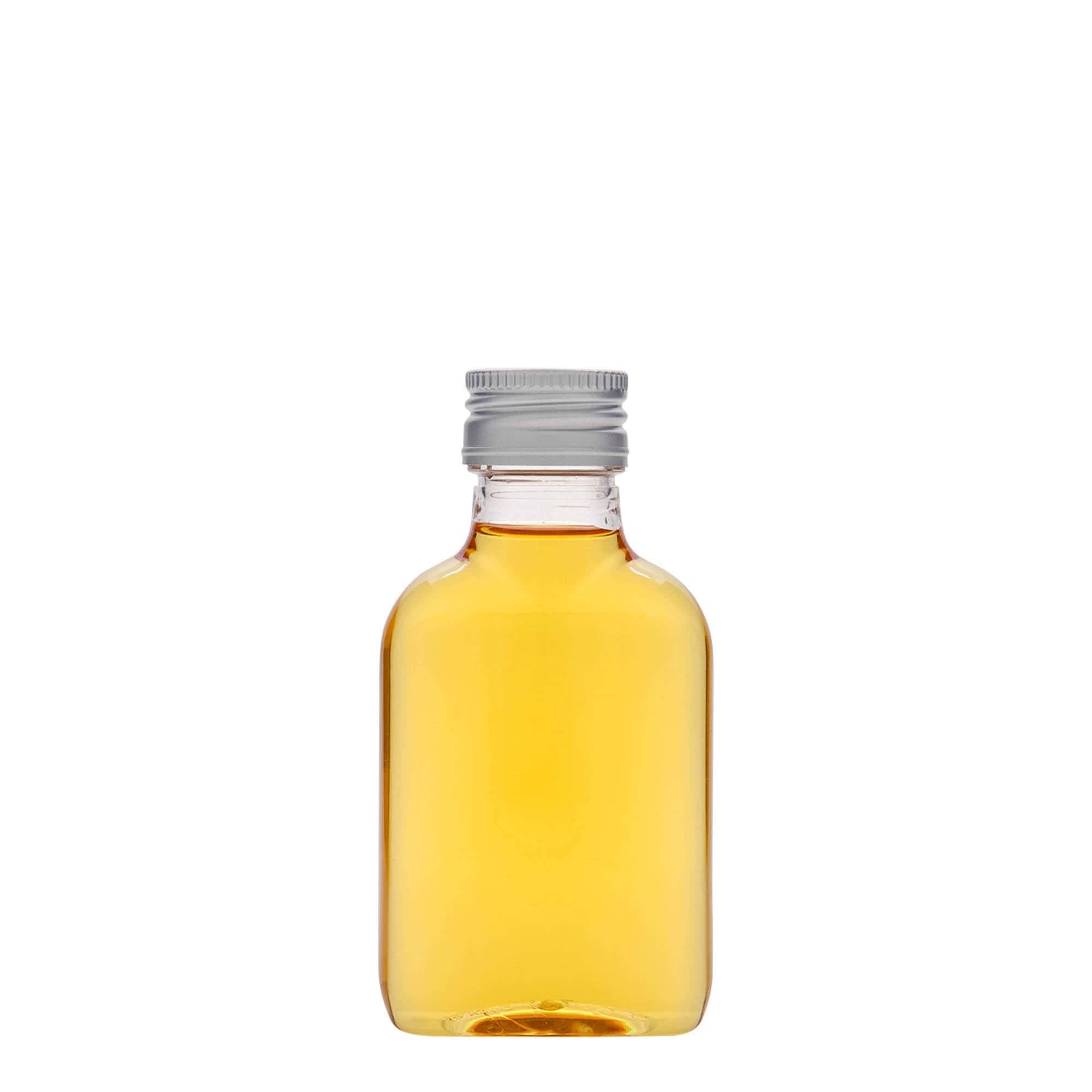 Botella de bolsillo de 100 ml, ovalada, plástico PET, boca: PP 28