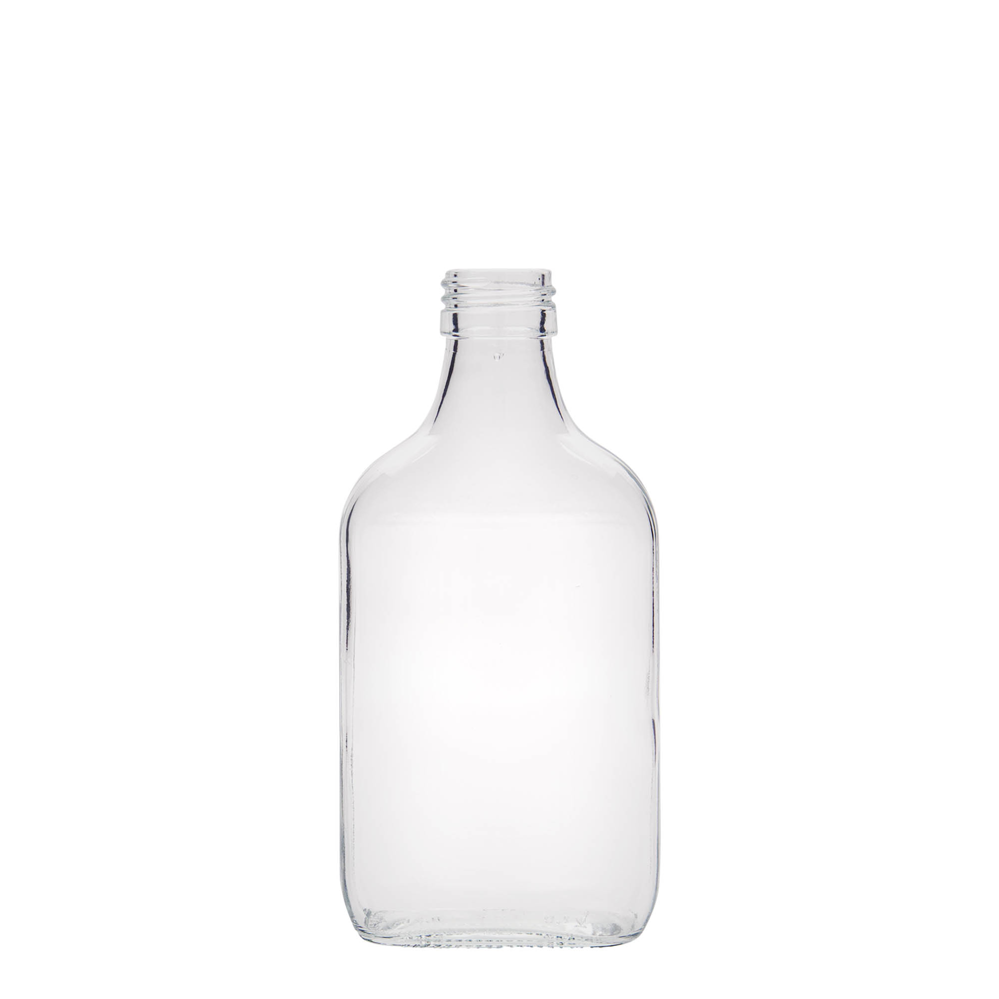 Botella de bolsillo de 200 ml, rectangular, vidrio, boca: PP 28