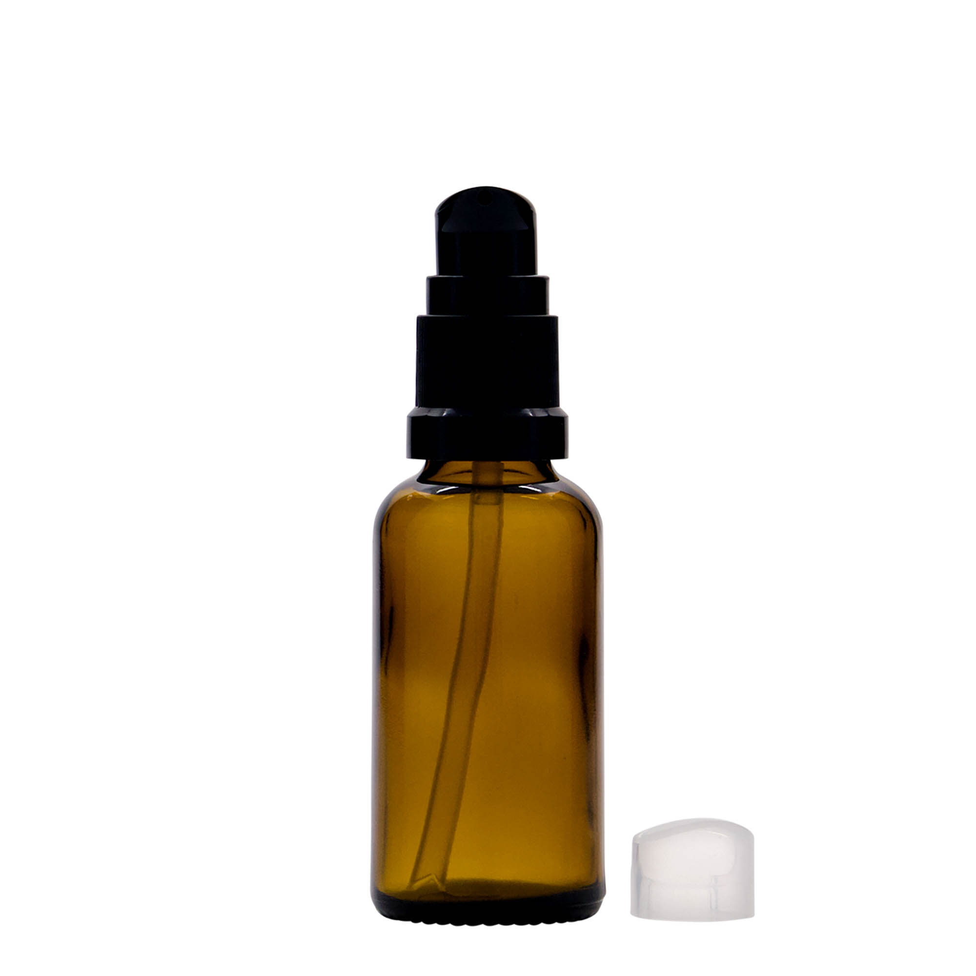Frasco médico de 30 ml con bomba dosificadora para loción, vidrio, marrón, boca: DIN 18 Frasco médico de 30 ml con bomba dosificadora para loción, vidrio, marrón, boca: DIN 18