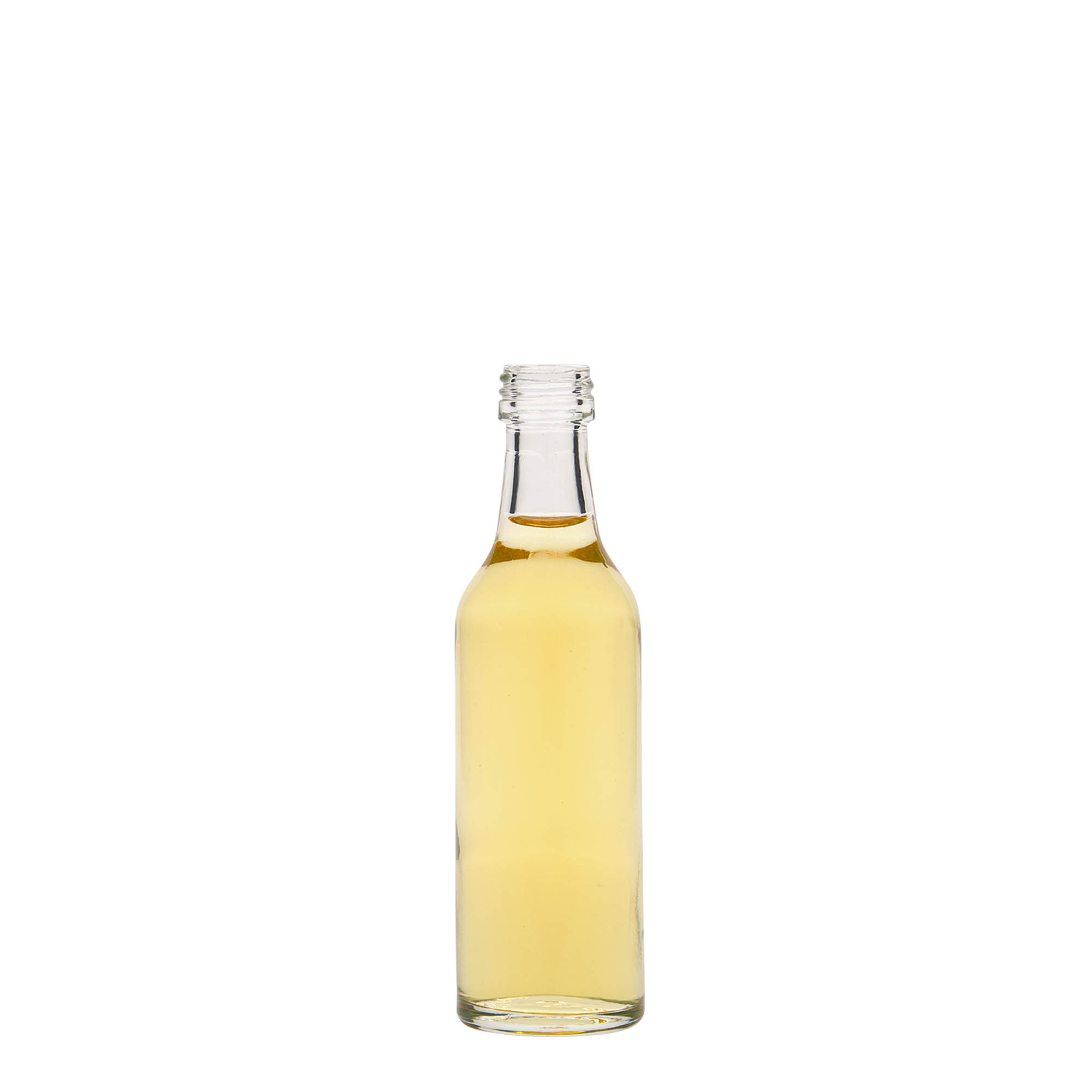 Botella de vidrio de 50 ml con cuello recto, boca: PP 18 Botella de vidrio de 50 ml con cuello recto, boca: PP 18