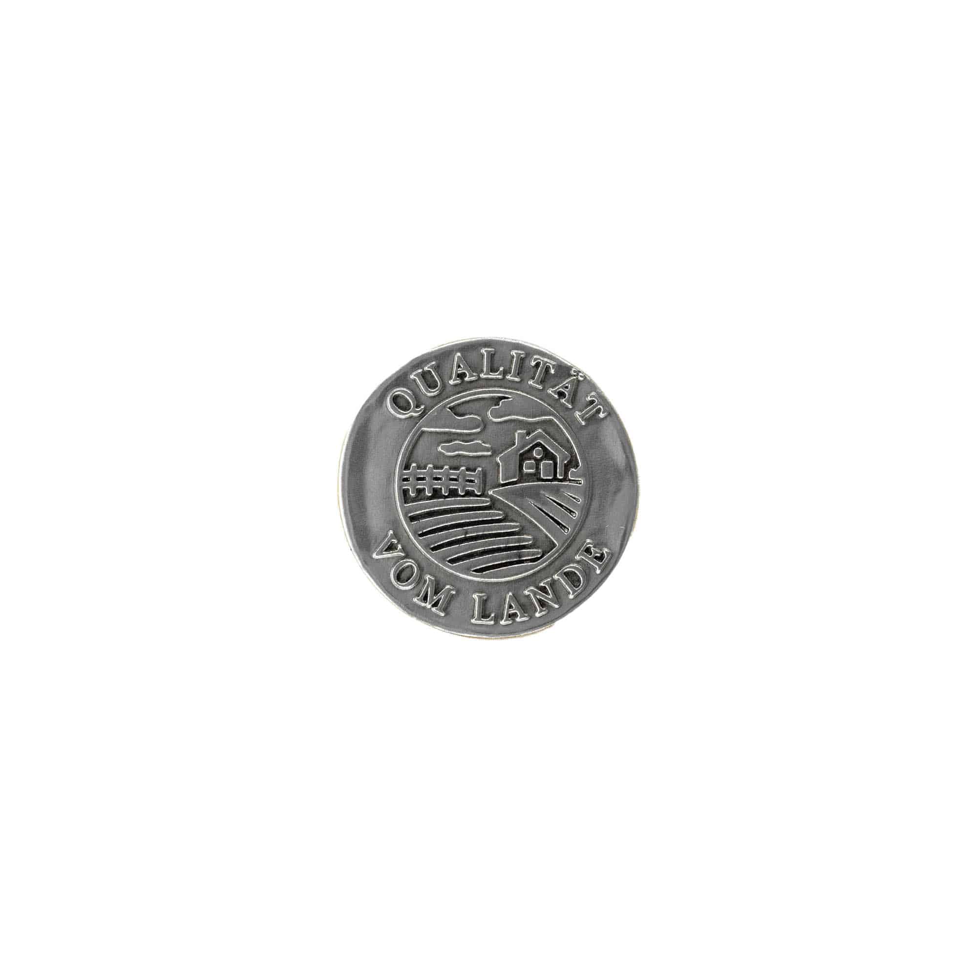 Etiqueta de estaño 'Calidad de la tierra', redonda, metal, plateado Etiqueta de estaño 'Calidad de la tierra', redonda, metal, plateado