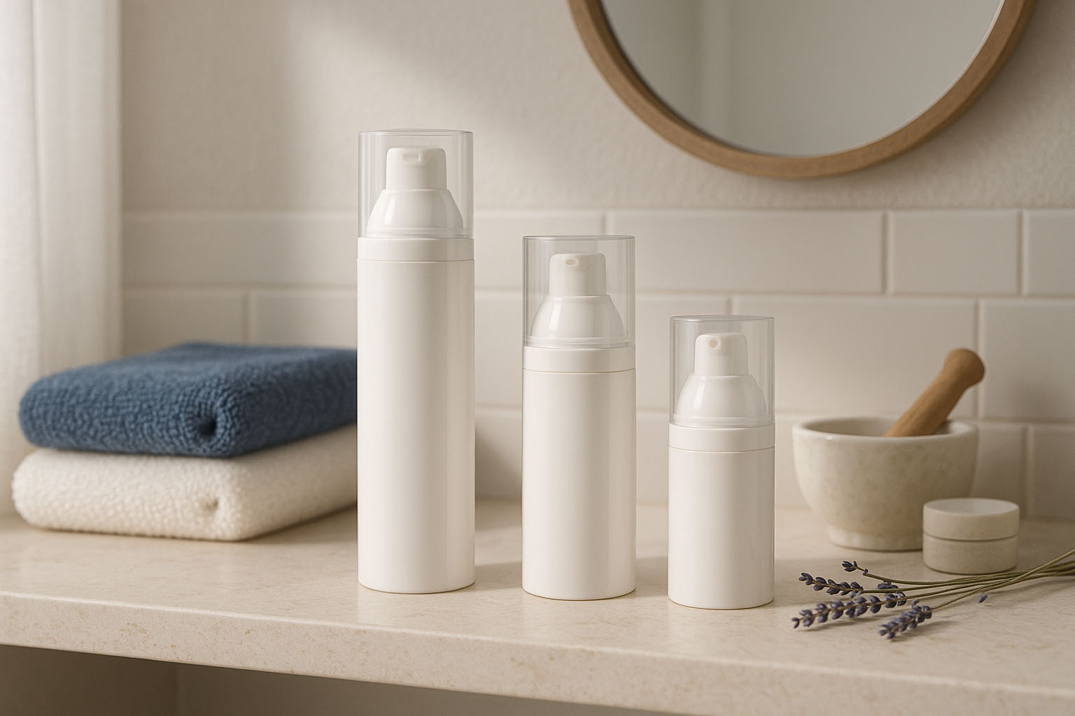 Cabezal de bomba dispensadora airless 'Mezzo', plástico PP, blanco Cabezal de bomba dispensadora airless 'Mezzo', plástico PP, blanco
