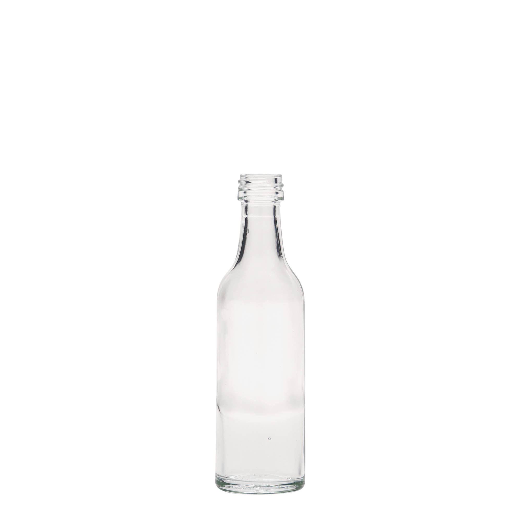 Botella de vidrio de 50 ml con cuello recto, boca: PP 18 Botella de vidrio de 50 ml con cuello recto, boca: PP 18