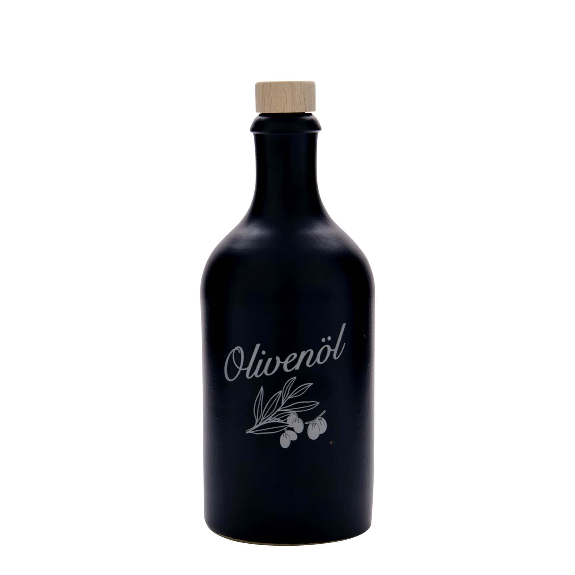 Jarra de barro de 500 ml, motivo: aceite de oliva, gres, negro, boca: corcho