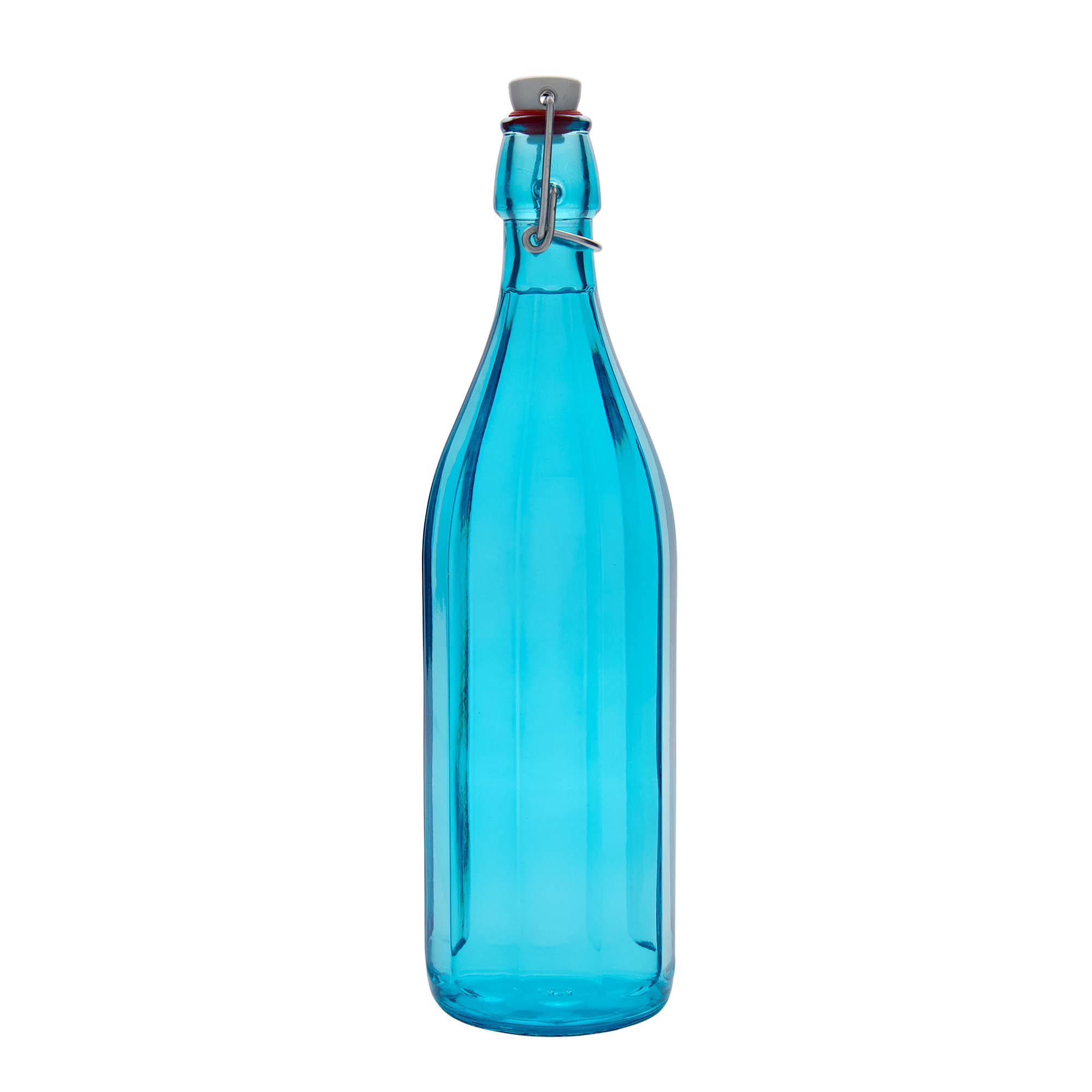 Botella de vidrio 'Oxford' de 1000 ml, decagonal, azul celeste, boca: tapón mecánico
