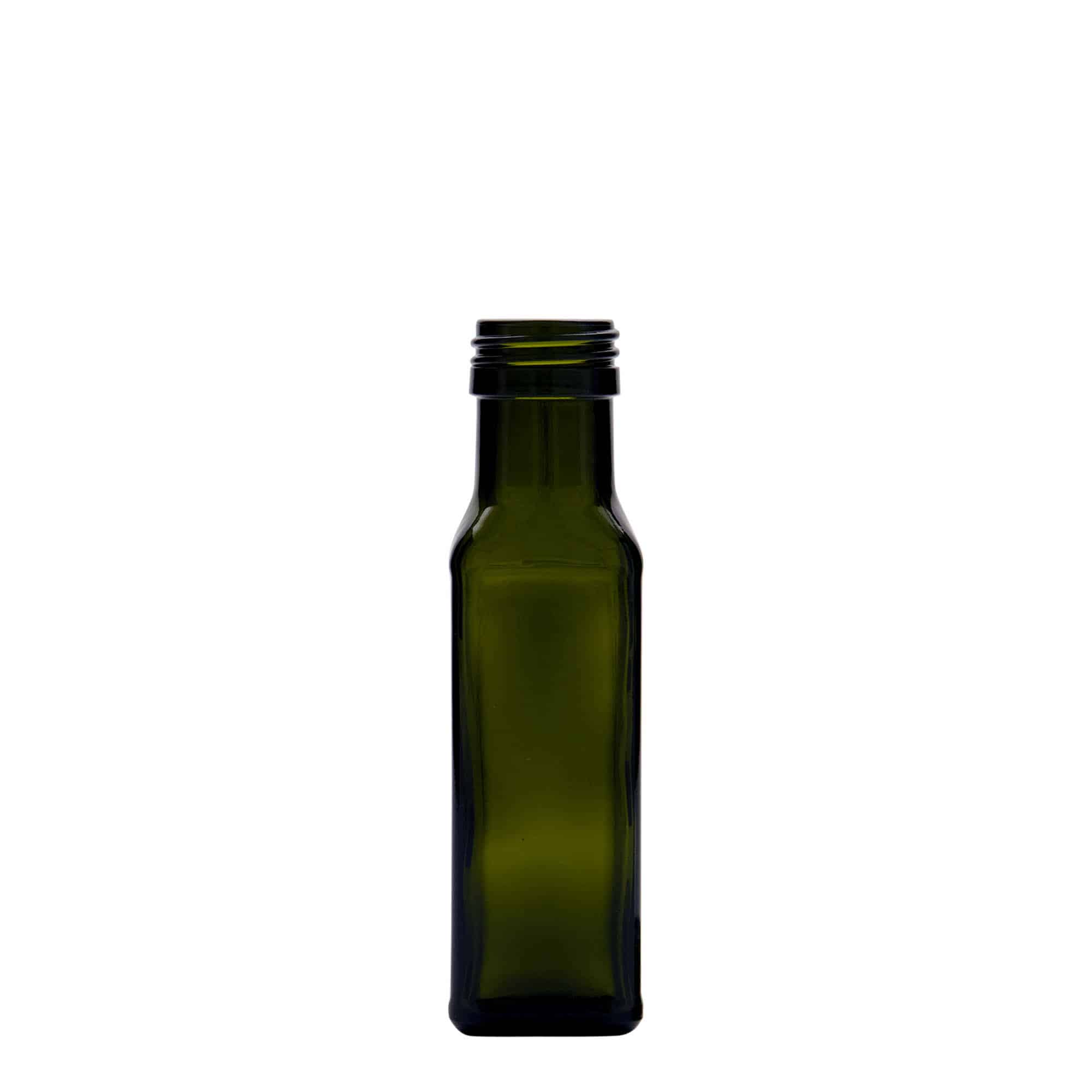 Botella de vidrio 'Marasca' de 100 ml, cuadrada, verde antiguo, boca: PP 31,5 Botella de vidrio 'Marasca' de 100 ml, cuadrada, verde antiguo, boca: PP 31,5