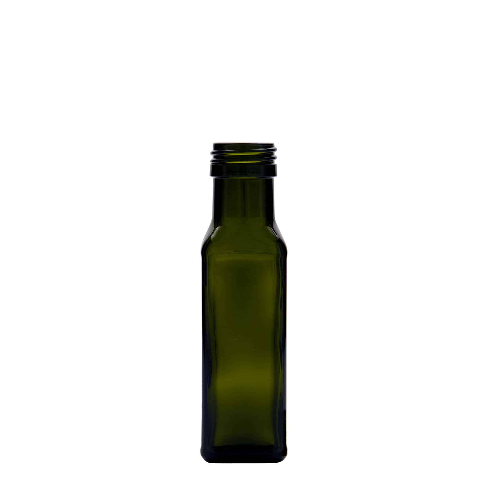Botella de vidrio de 100 ml 'Marasca', cuadrada, verde antiguo, boca: PP 31,5