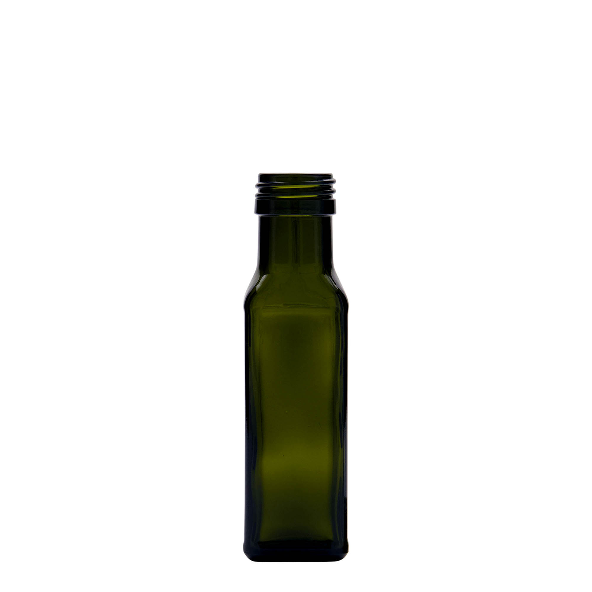 Botella de vidrio de 100 ml «Marasca», cuadrada, verde antiguo, boca: PP 31,5