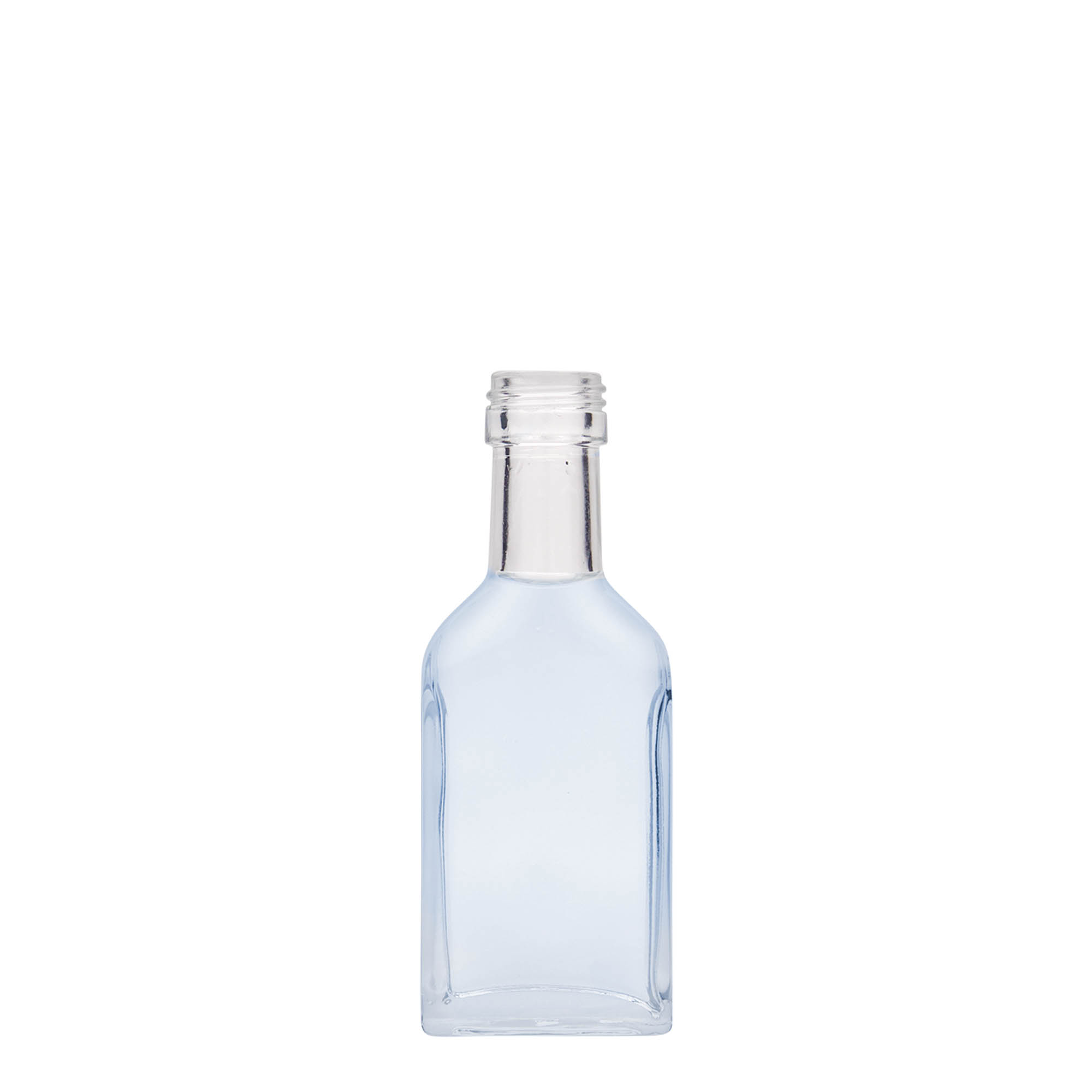 Botella de bolsillo de 40 ml, cuello largo, rectangular, vidrio, boca: PP 22