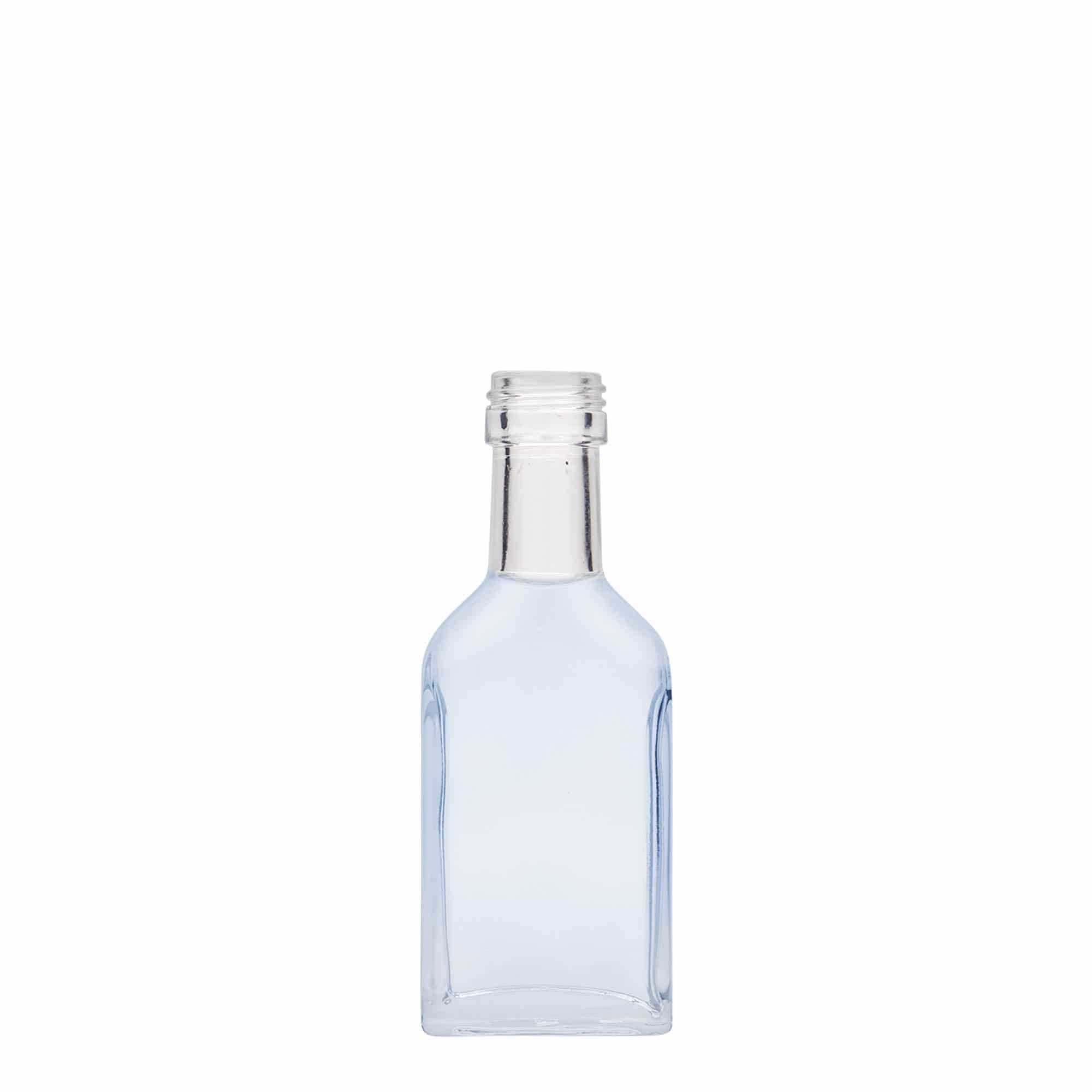 Botella de bolsillo de 40 ml, cuello largo, rectangular, vidrio, boca: PP 22 Botella de bolsillo de 40 ml, cuello largo, rectangular, vidrio, boca: PP 22