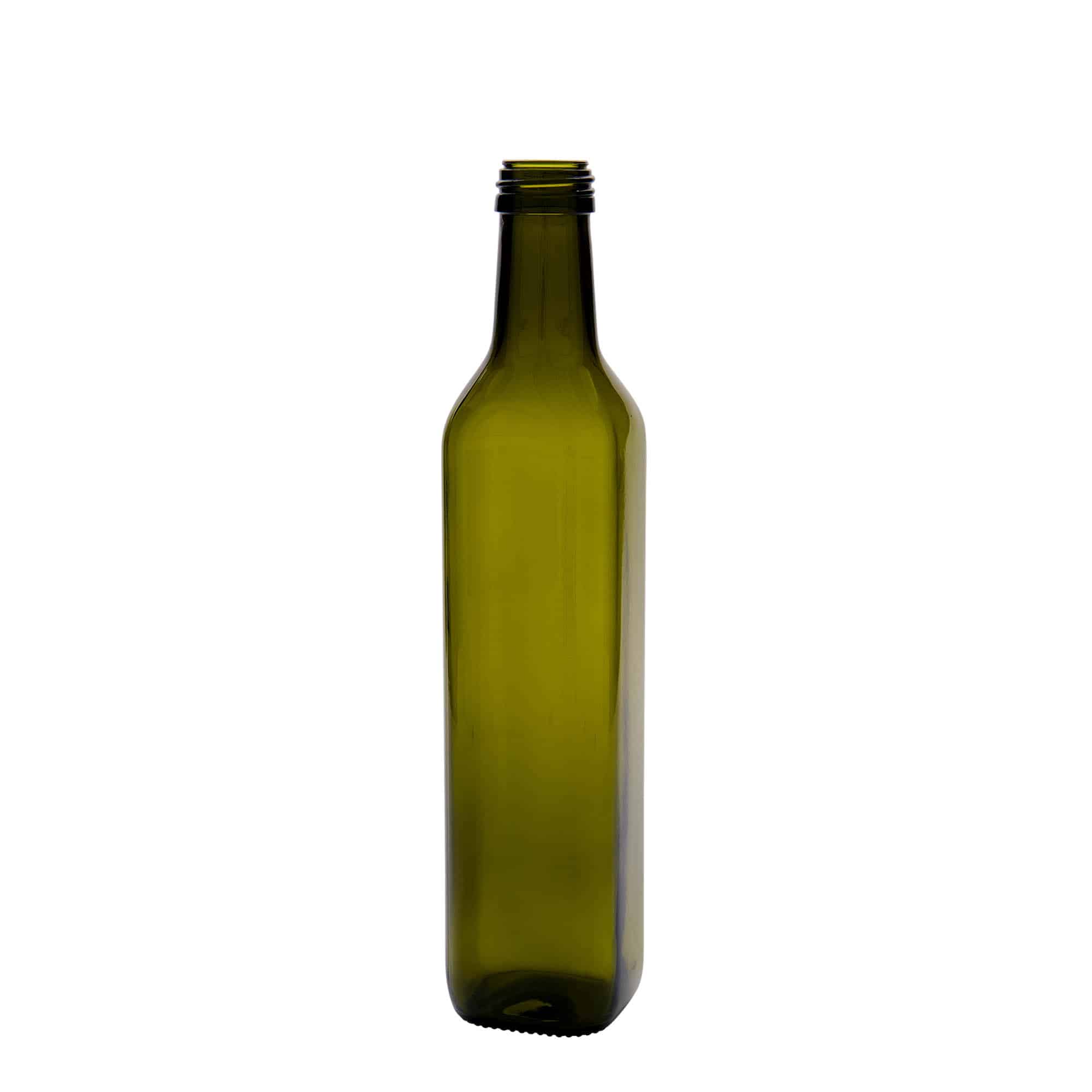 Botella de vidrio 'Marasca' de 500 ml, cuadrada, verde antiguo, boca: PP 31,5