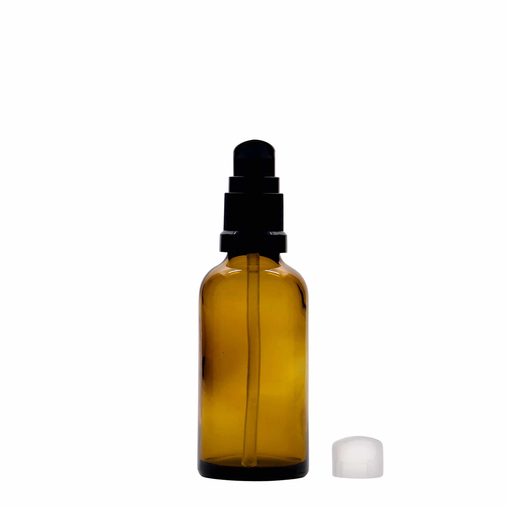 Frasco médico de 50 ml con bomba dosificadora para loción, vidrio, marrón, boca: DIN 18