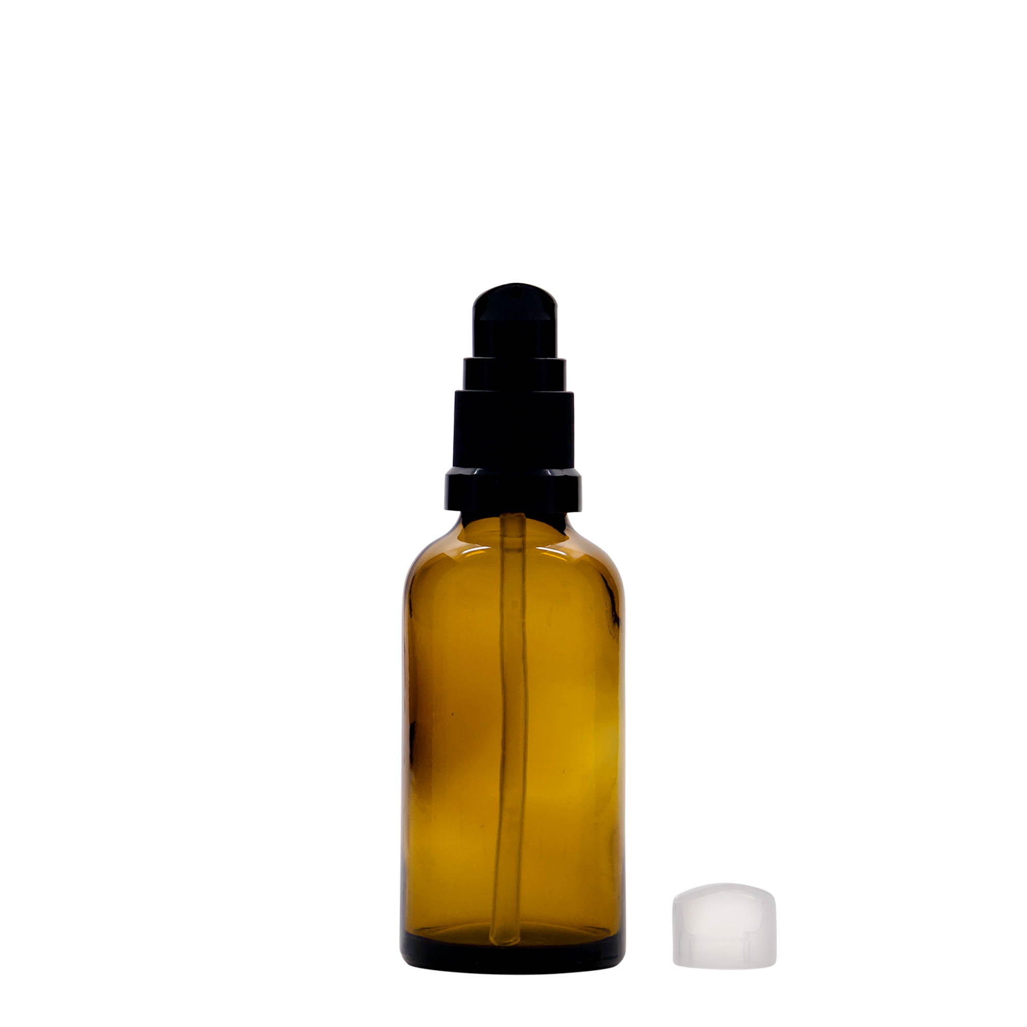 Frasco médico de 50 ml con bomba dosificadora para loción, vidrio, marrón, boca: DIN 18