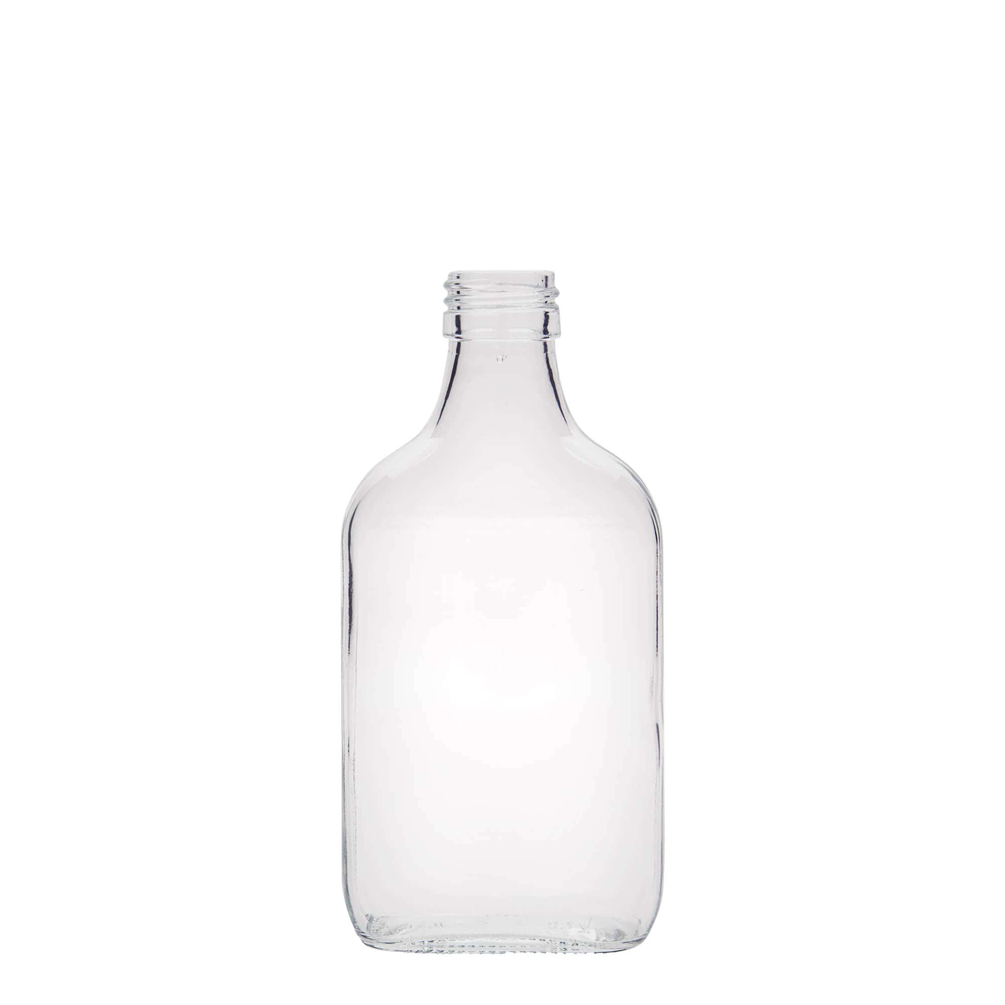 Botella de bolsillo de 200 ml, rectangular, vidrio, boca: PP 28