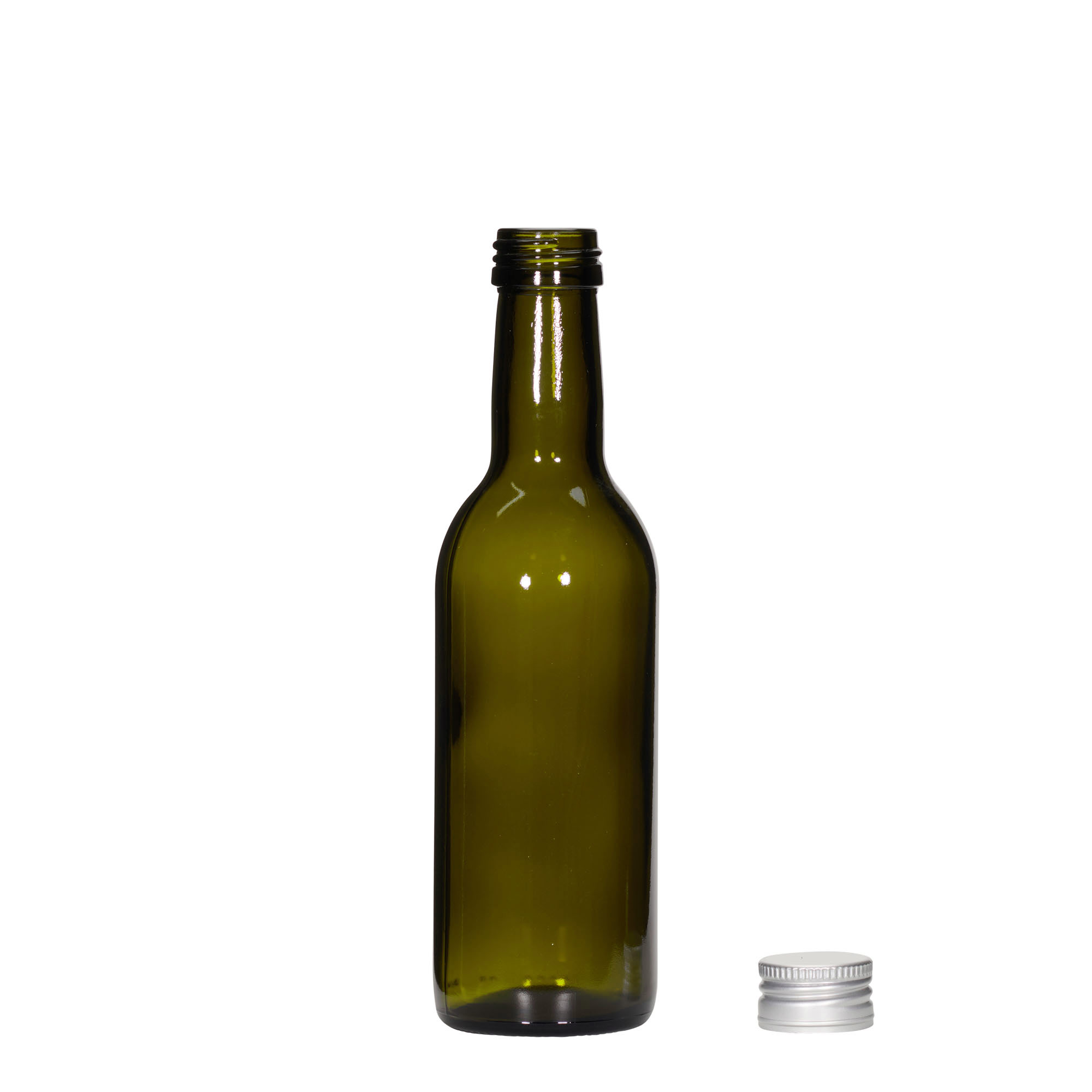 Botella de vidrio de 250 ml 'Burdeos', verde antiguo, boca: PP 28 Botella de vidrio de 250 ml 'Burdeos', verde antiguo, boca: PP 28