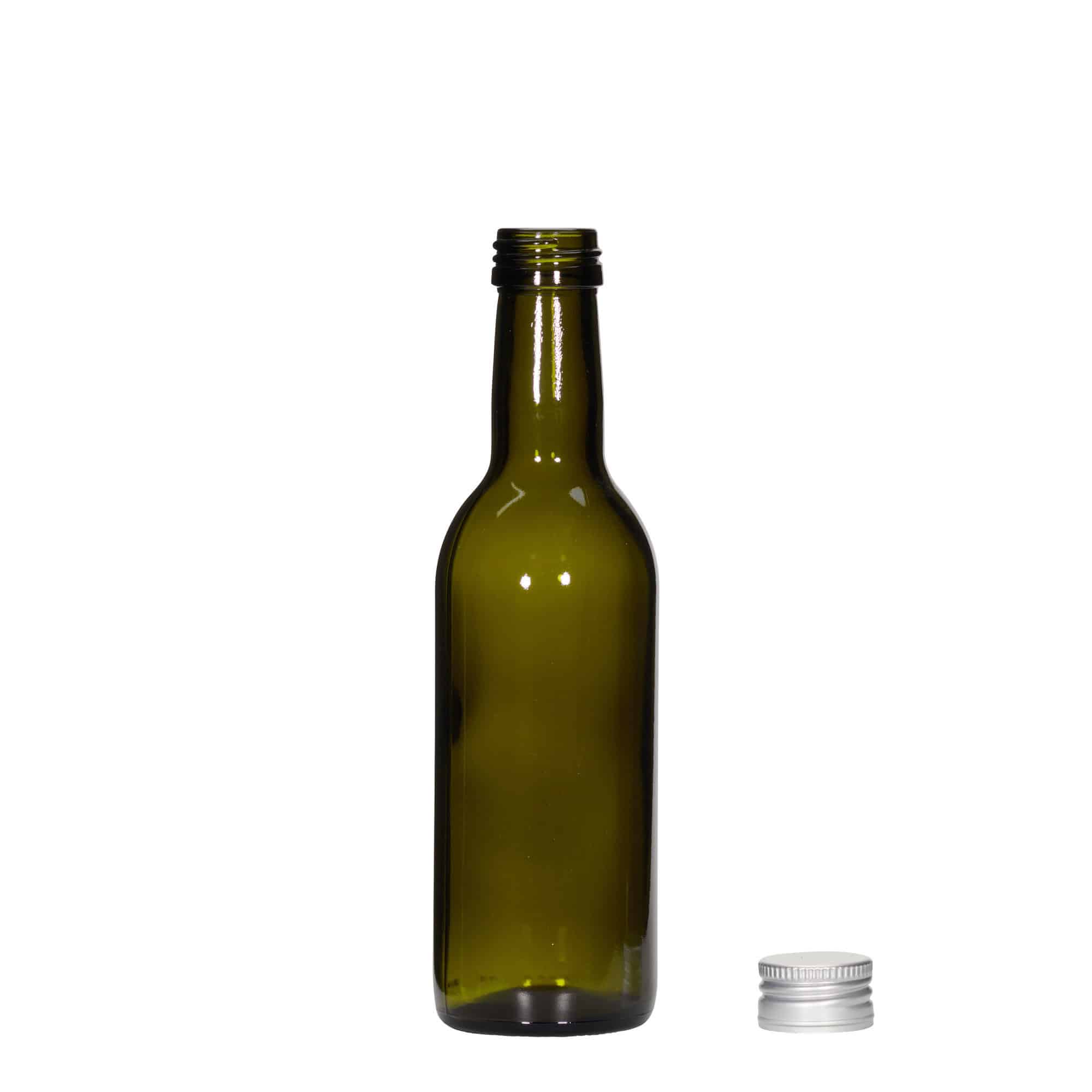 Botella de vidrio de 250 ml «Burdeos», verde antiguo, boca: PP 28