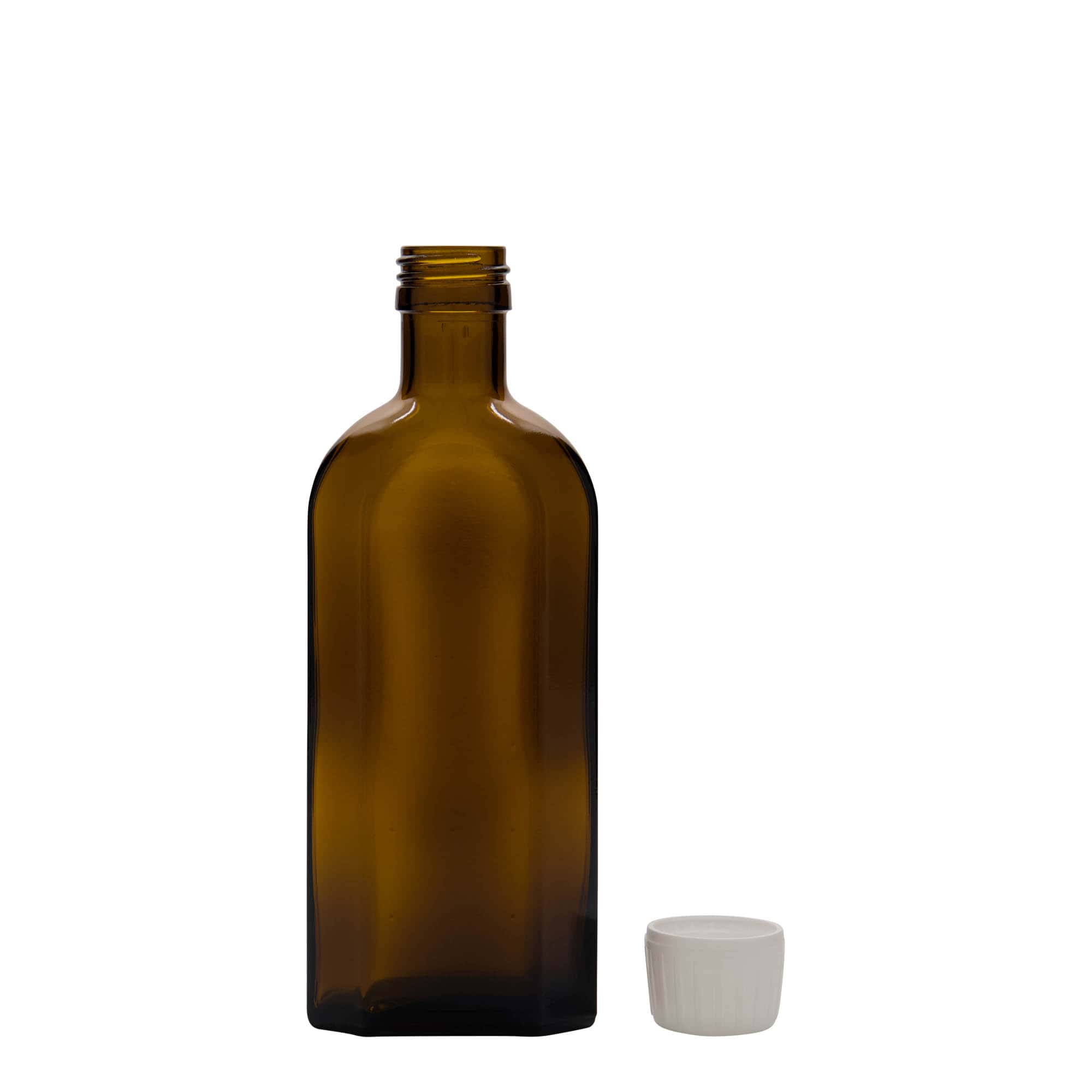 250 ml frasco medicinal Meplat, ovalado, vidrio, marrón, boca: PP 28