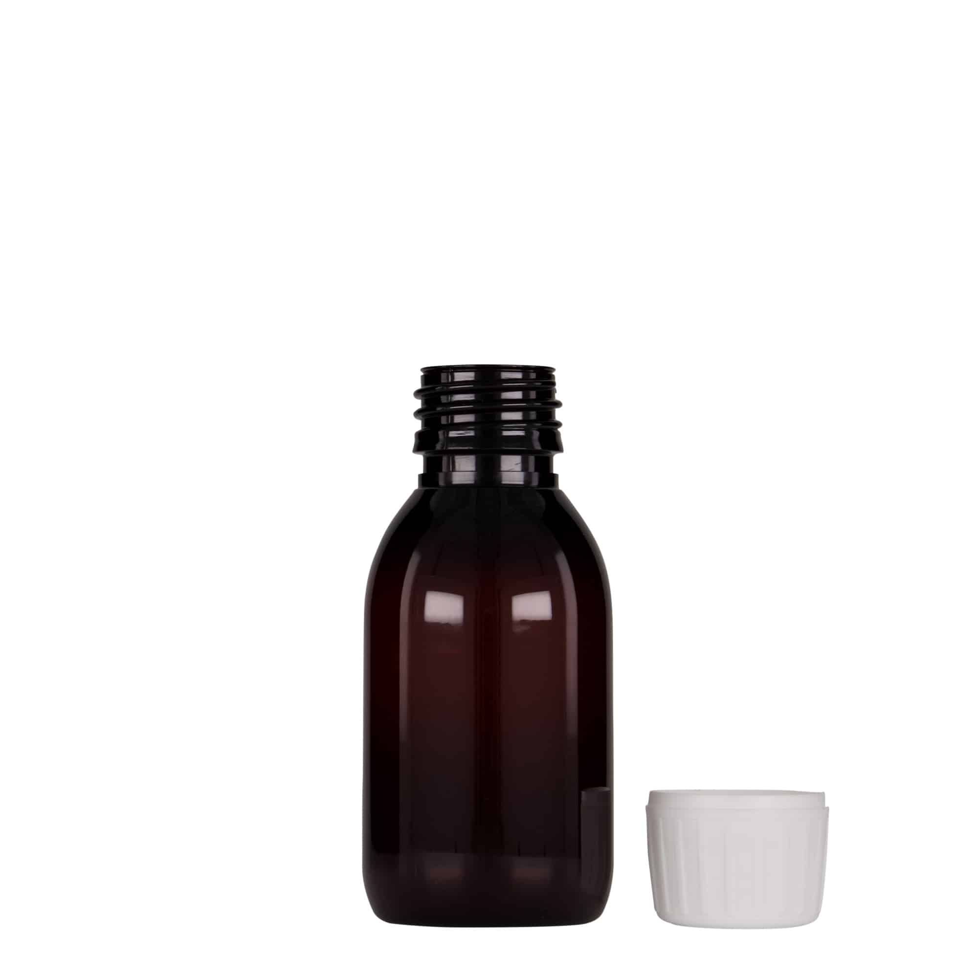 Frasco de medicamentos de PET de 100 ml, marrón, plástico, boca: PP 28