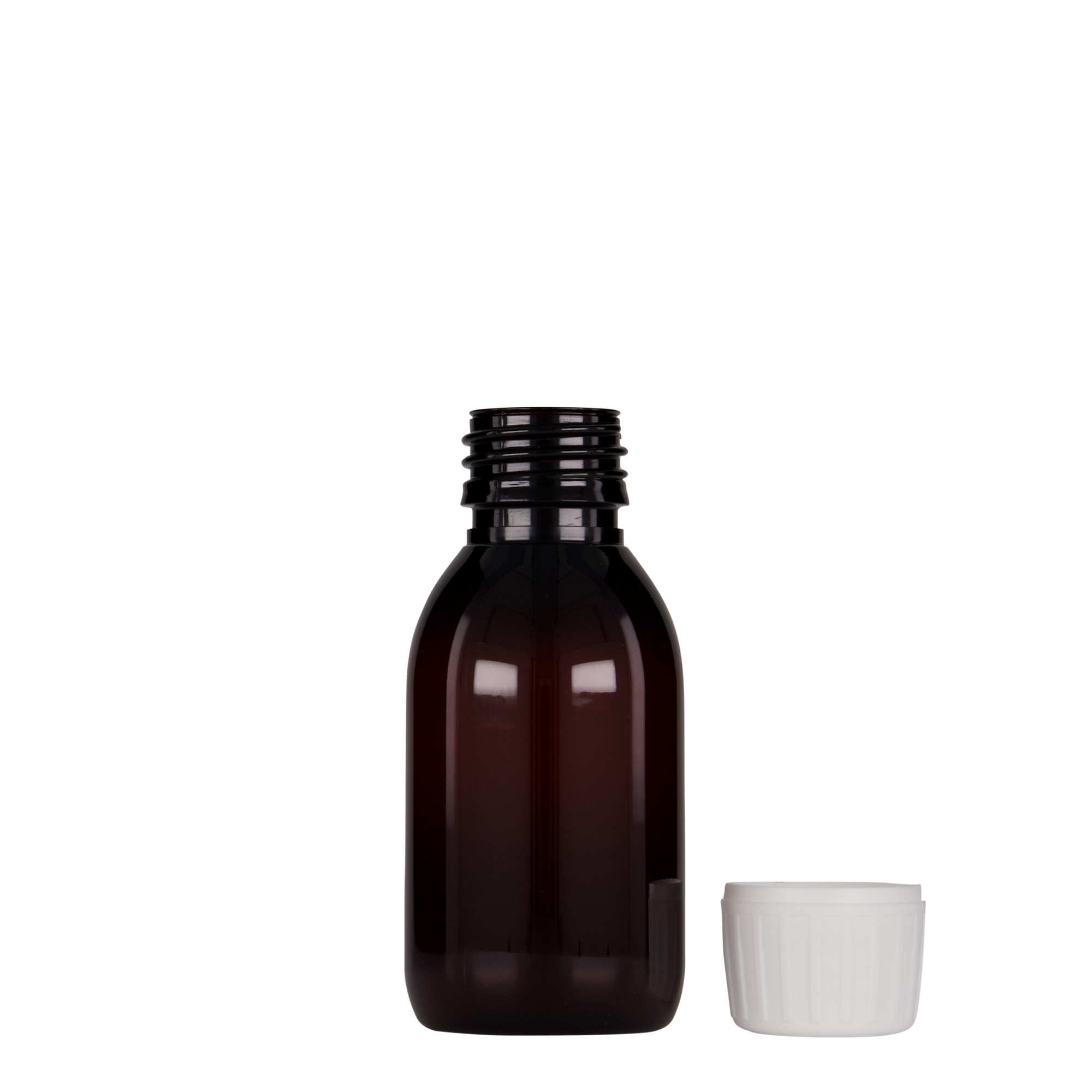 100 ml botella médica de PET, marrón, plástico, boca: PP 28