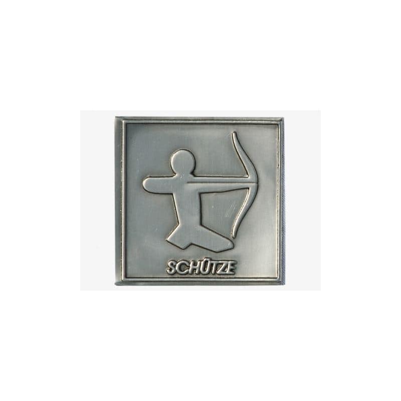 Etiqueta de estaño 'Sagitario', cuadrada, metal, plateado Etiqueta de estaño 'Sagitario', cuadrada, metal, plateado