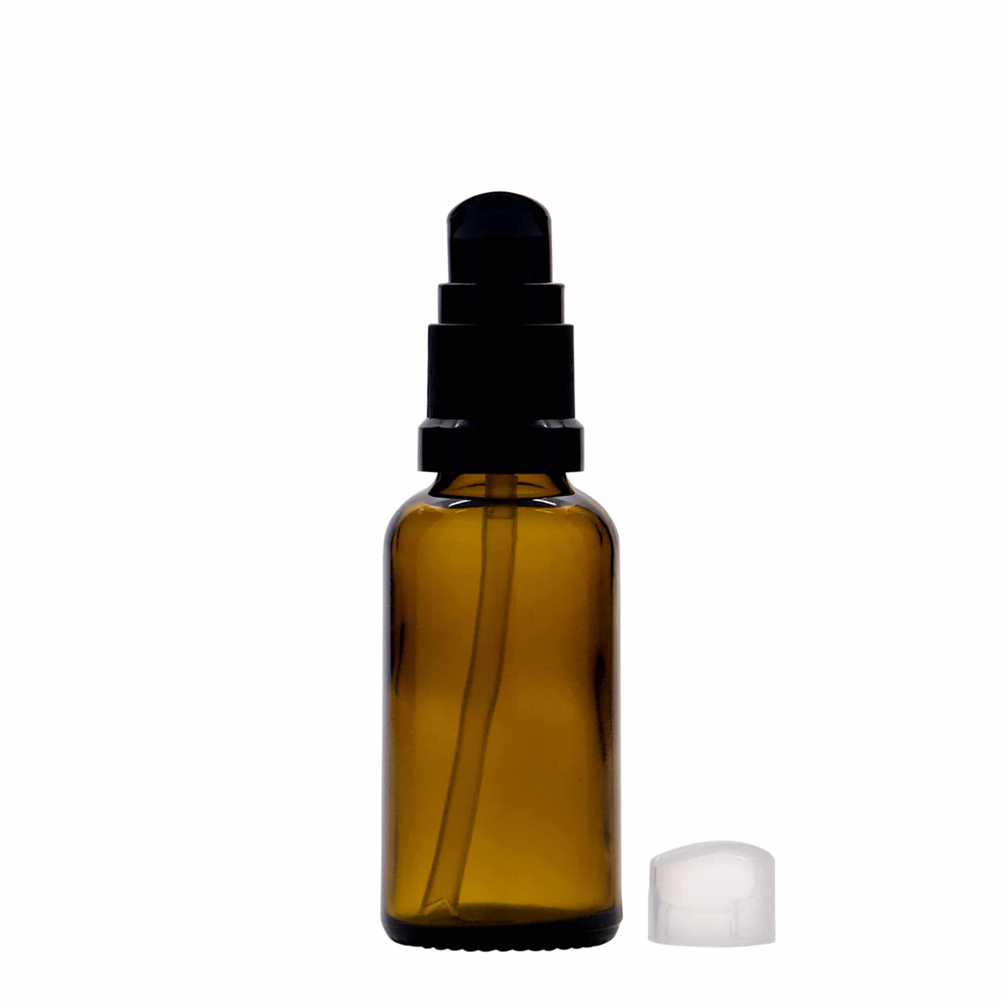 Frasco médico de 30 ml con bomba dosificadora para loción, vidrio, marrón, boca: DIN 18