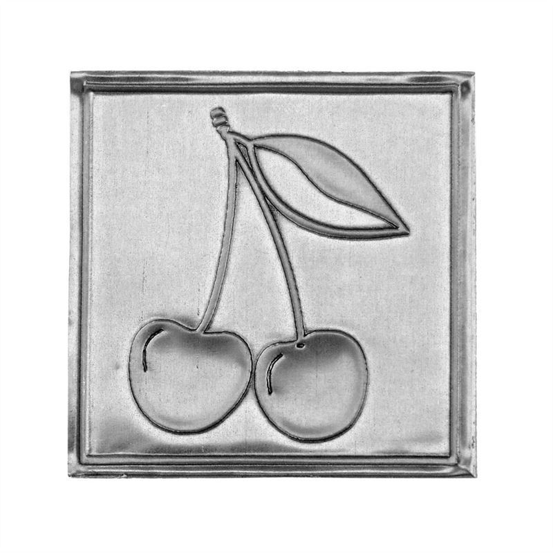 Etiqueta de estaño 'Cereza', cuadrada, metal, plateado Etiqueta de estaño 'Cereza', cuadrada, metal, plateado