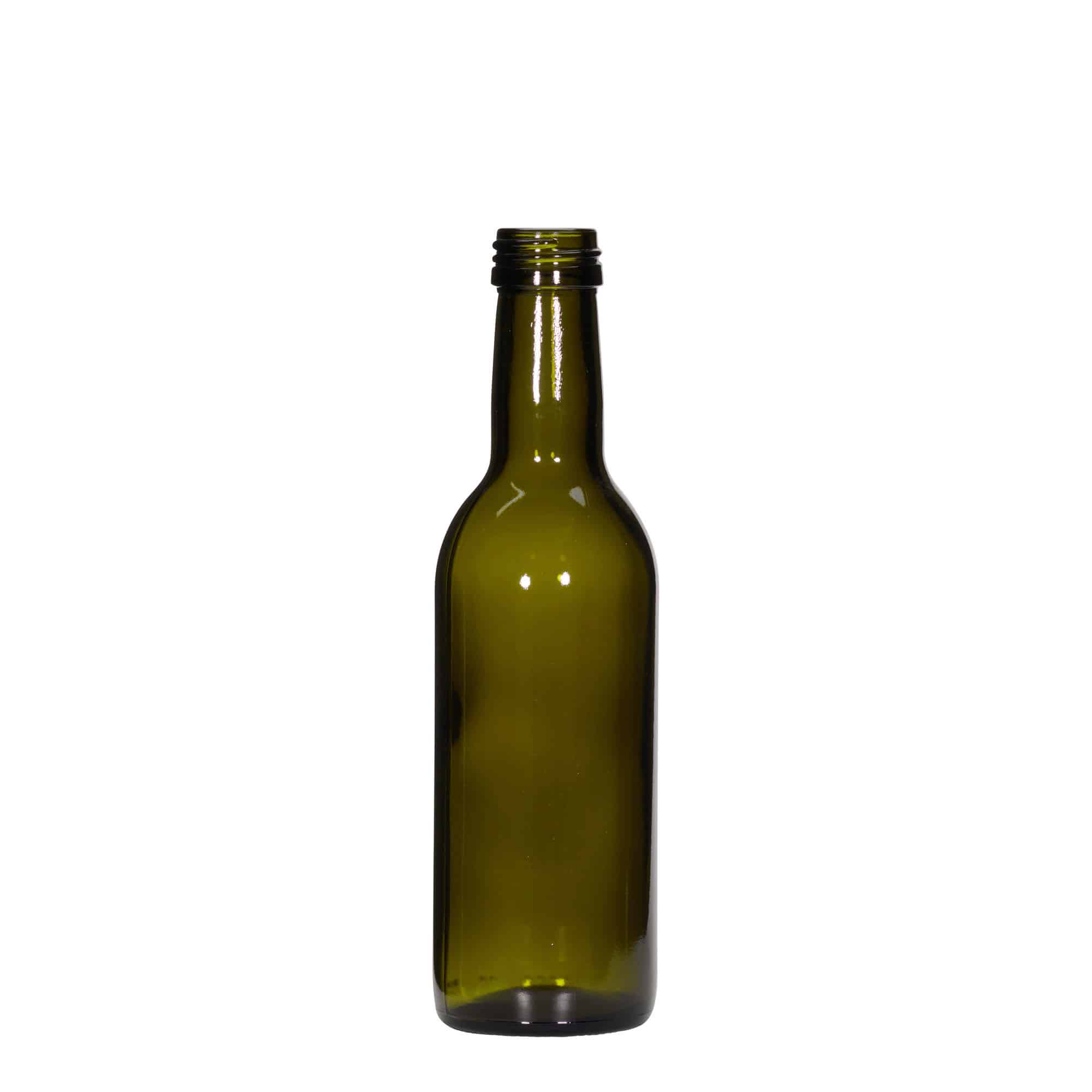 Botella de vidrio 'Bordeaux' de 250 ml, verde antiguo, boca: PP 28 Botella de vidrio 'Bordeaux' de 250 ml, verde antiguo, boca: PP 28