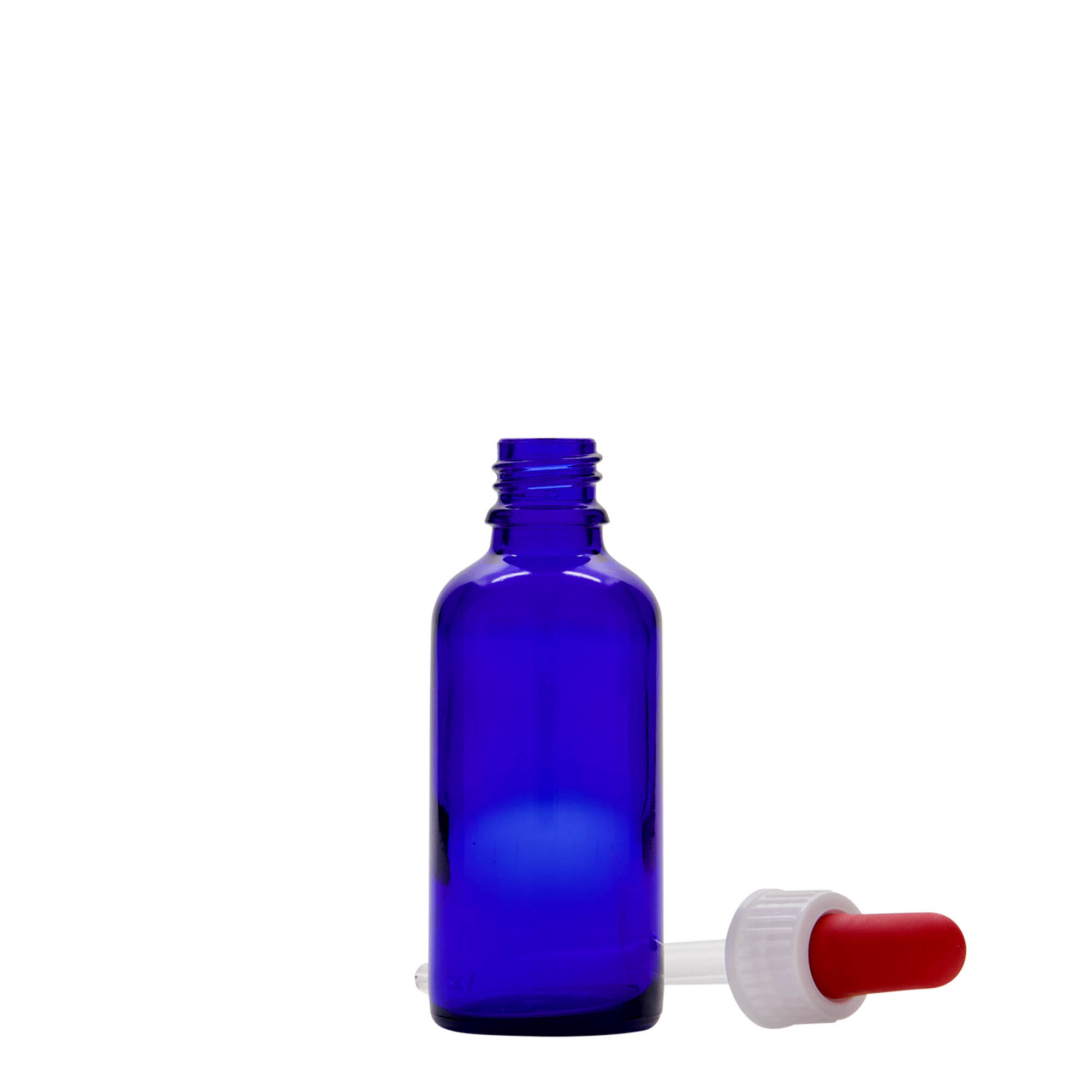 50 ml Frasco cuentagotas medicina, vidrio, azul real-rojo, boca: DIN 18