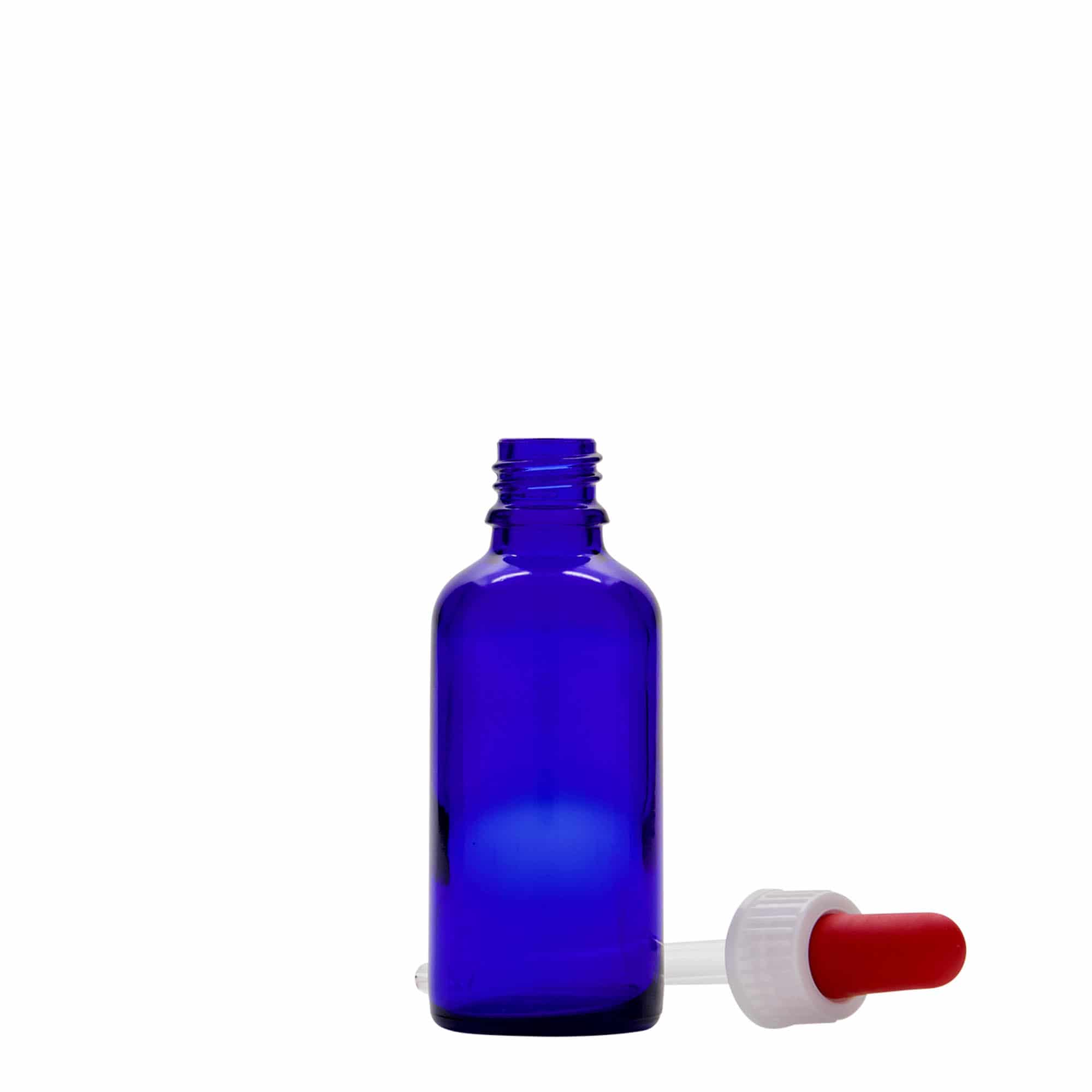 50 ml Frasco cuentagotas medicina, vidrio, azul real-rojo, boca: DIN 18