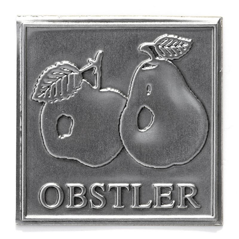 Etiqueta de estaño «Obstler», cuadrada, metal, plateada