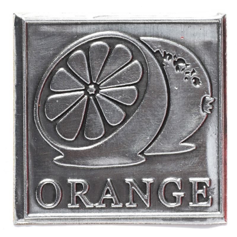 Etiqueta de estaño 'Naranja', cuadrada, metal, plateado Etiqueta de estaño 'Naranja', cuadrada, metal, plateado