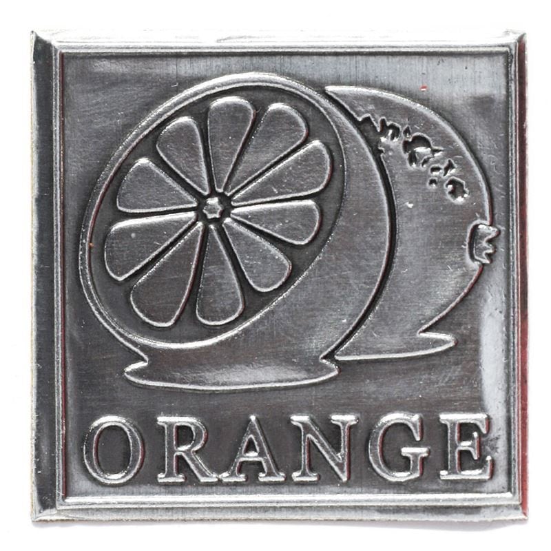 Etiqueta de estaño «Naranja», cuadrada, metal, plateado