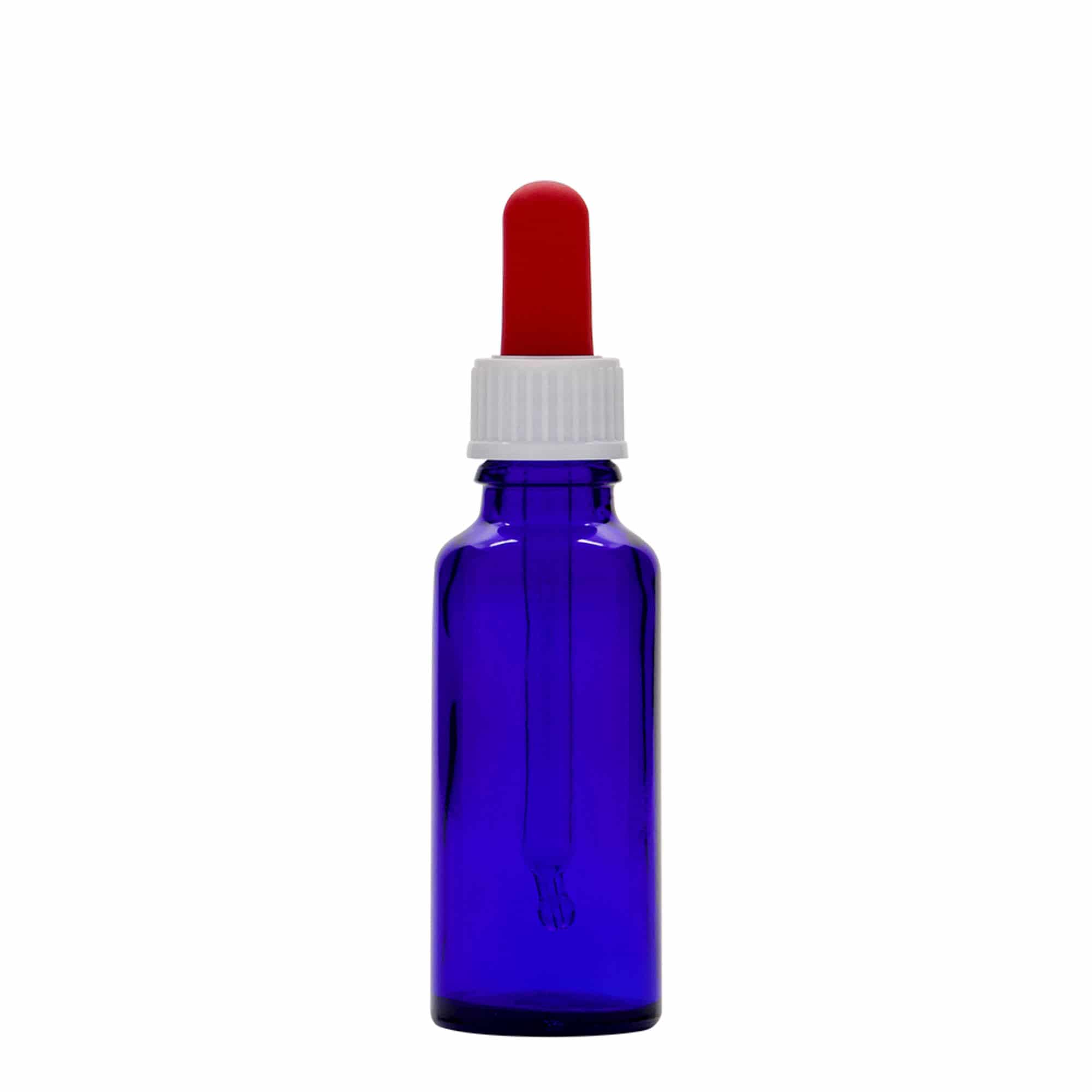 Frasco cuentagotas de medicamentos de 30 ml, vidrio, azul real-rojo, boca: DIN 18 Frasco cuentagotas de medicamentos de 30 ml, vidrio, azul real-rojo, boca: DIN 18