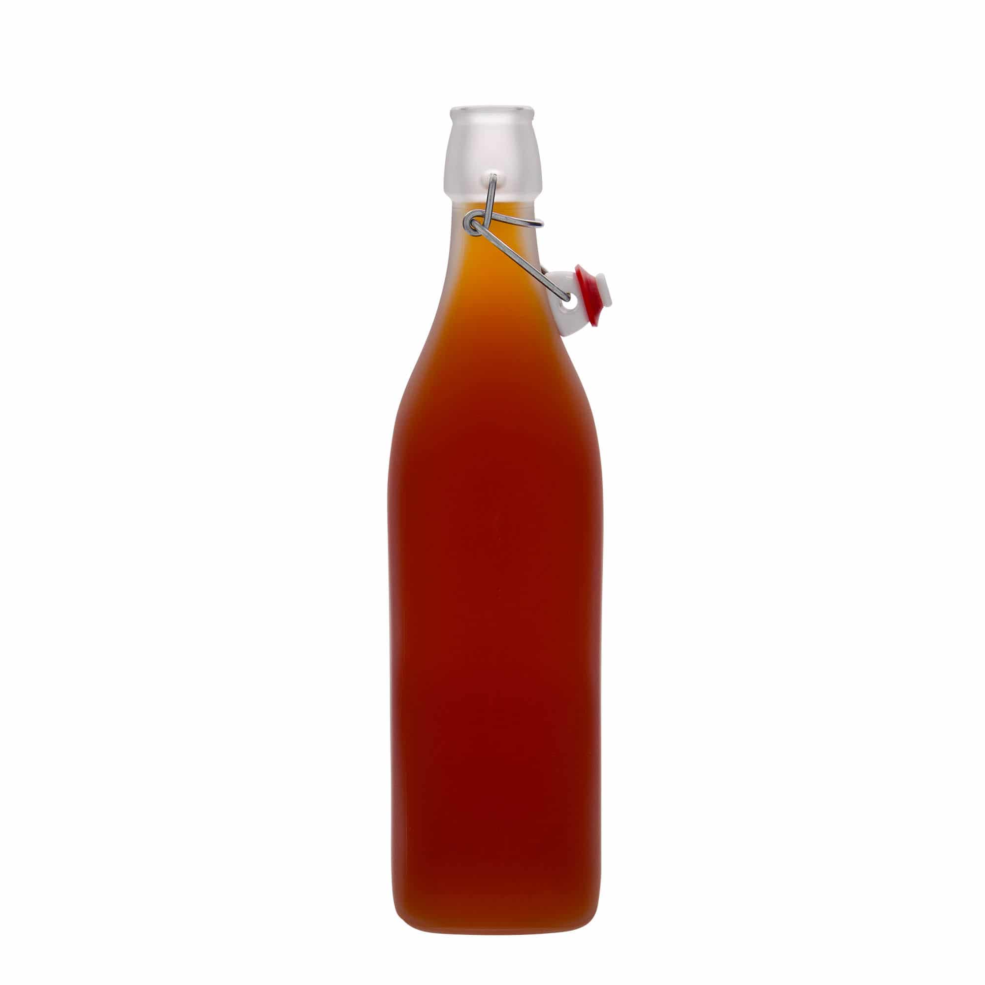 Botella de vidrio 'Swing' de 1000 ml, cuadrada, blanco, boca: tapón mecánico